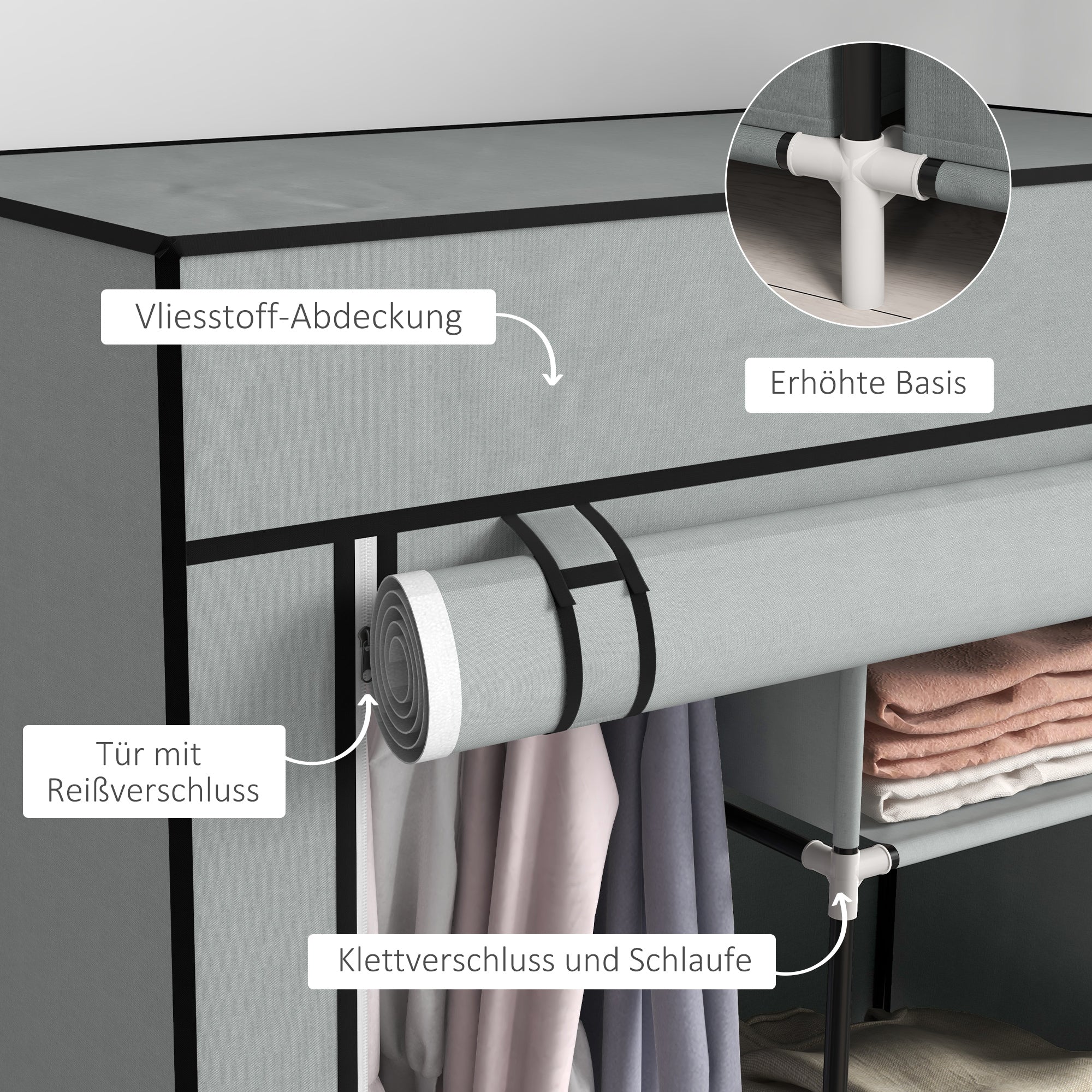 Wardrobe Fabric Closet with 5 Compartments, Clothes Rail, Zipper Folding Closet Fabric Wardrobe for Bedroom, Dressing Room, 150 x 45 x 175 cm, Light Grey