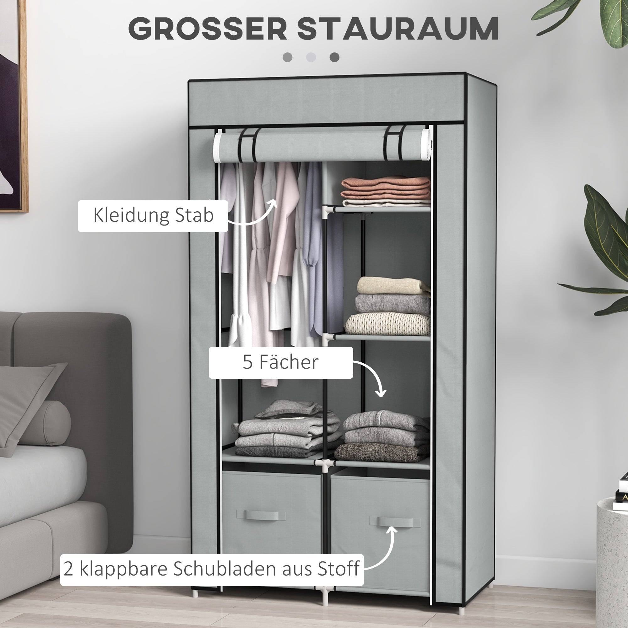 Wardrobe Fabric Closet with 5 Compartments, Clothes Rail, Zipper Folding Closet Fabric Wardrobe for Bedroom, Dressing Room, 150 x 45 x 175 cm, Light Grey