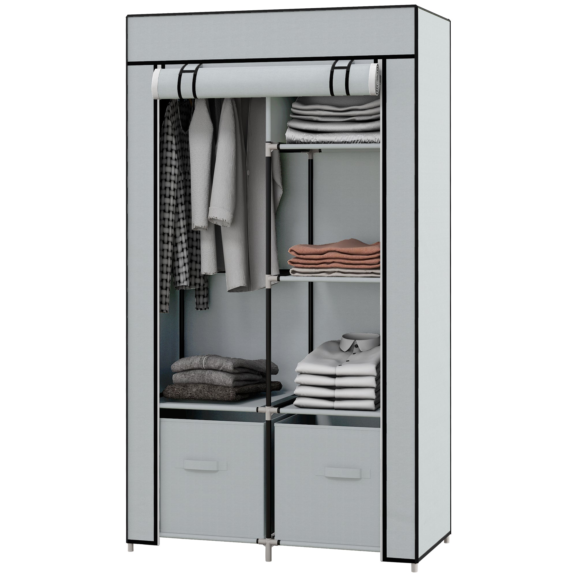 Wardrobe Fabric Closet with 5 Compartments, Clothes Rail, Zipper Folding Closet Fabric Wardrobe for Bedroom, Dressing Room, 150 x 45 x 175 cm, Light Grey