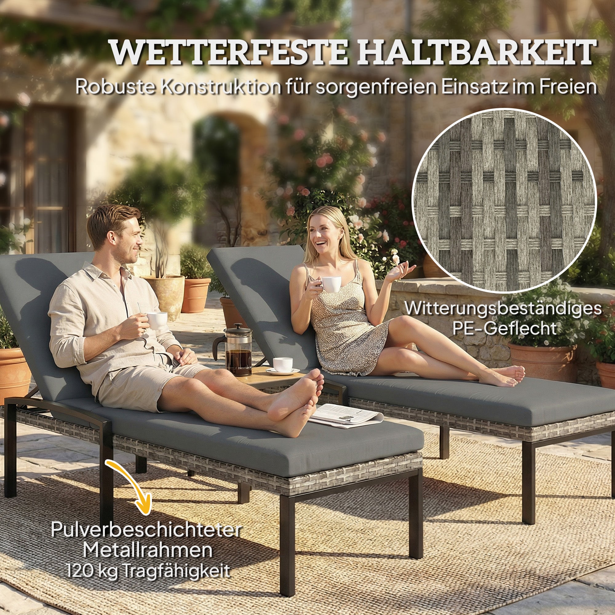 2-Pack Polyrattan Sun Lounger with 5-Position Adjustable Backrest, Removable Cushion, Weatherproof Outdoor Recliner — Up to 265 lb, Garden/Pool/Beach, Light Gray