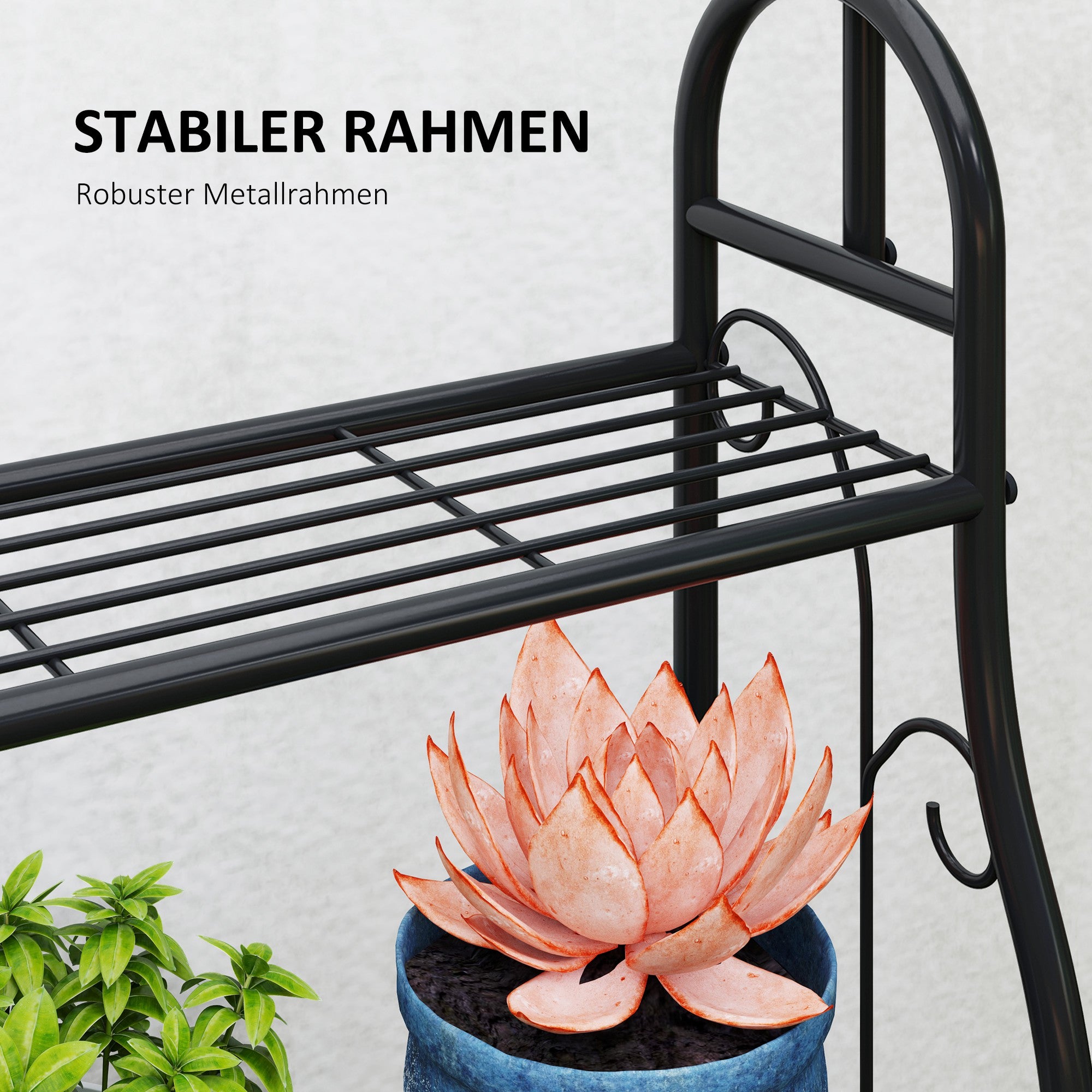 3-Tier Plant Stand with Hanging Rod, Hooks, Flower Stand for Indoor, Metal Plant Rack, Multi-layer Flower Shelf, 137cm High Flower Ladder for Living Room, Garden Balcony, Black