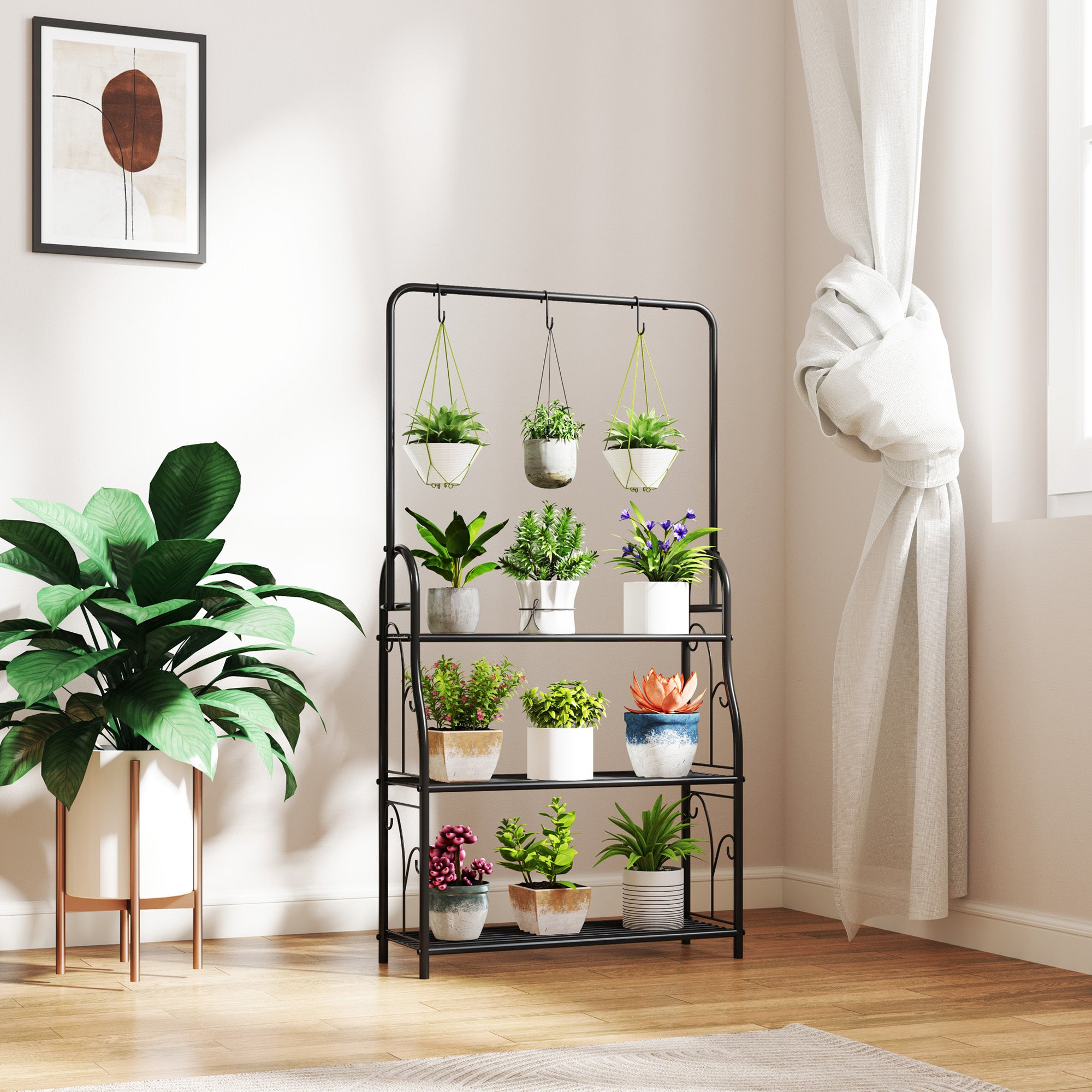 3-Tier Plant Stand with Hanging Rod, Hooks, Flower Stand for Indoor, Metal Plant Rack, Multi-layer Flower Shelf, 137cm High Flower Ladder for Living Room, Garden Balcony, Black