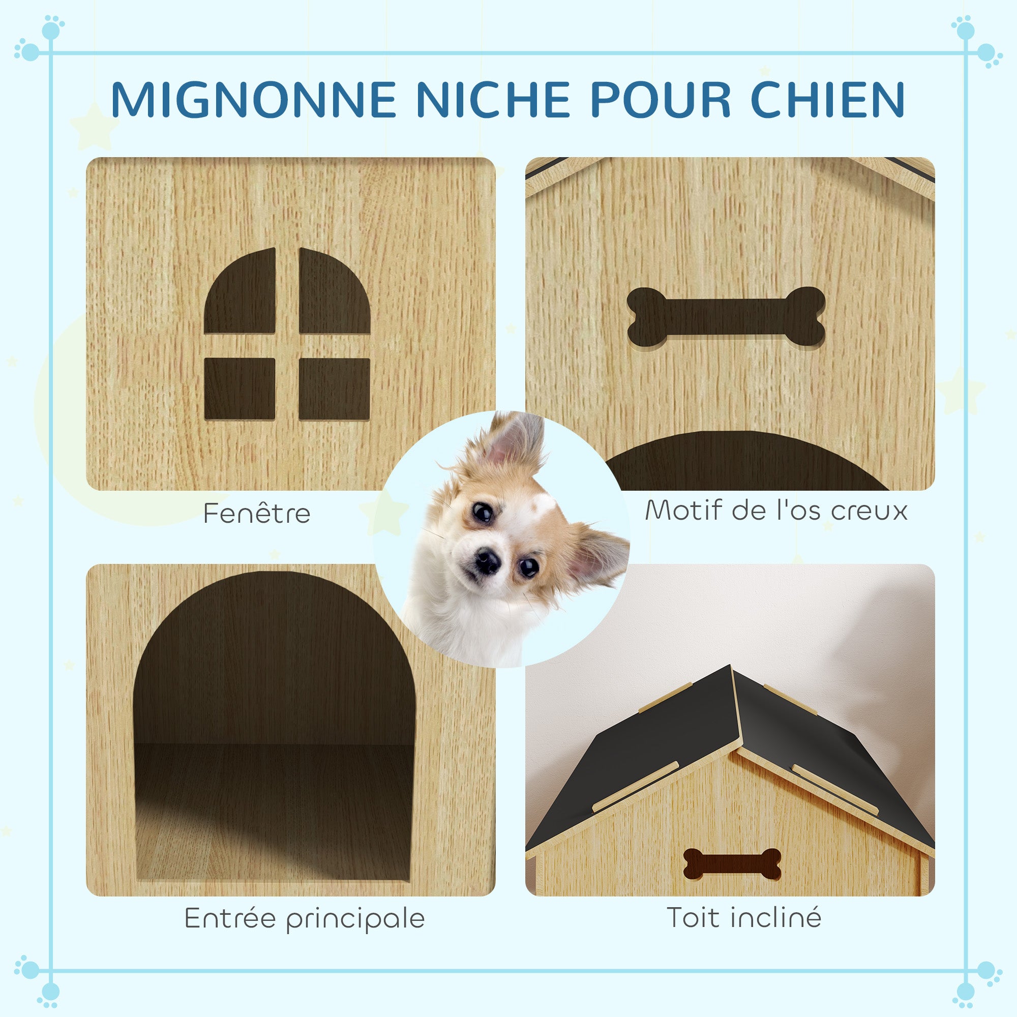 Indoor Dog House, Indoor Wooden Dog House with Hollow Bone Designs, Window, Easy Assembly, for Miniature Dog, Cat, 44 x 57 x 58 cm, Oak