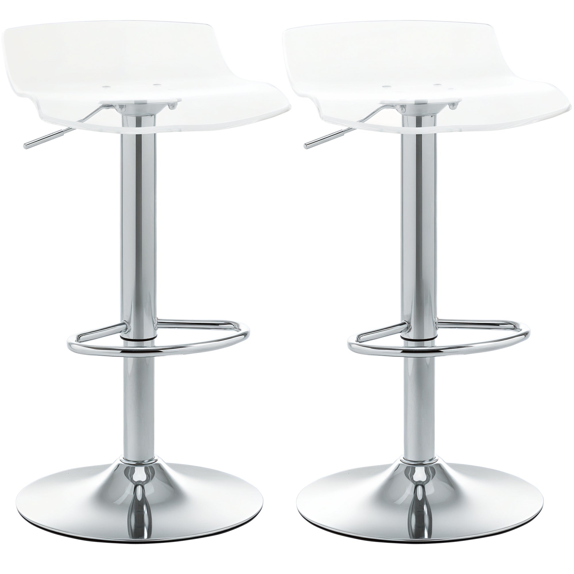 Set of 2 contemporary design bar stools with acrylic seat and metal base - 360° swivel - adjustable height with footrest - transparent