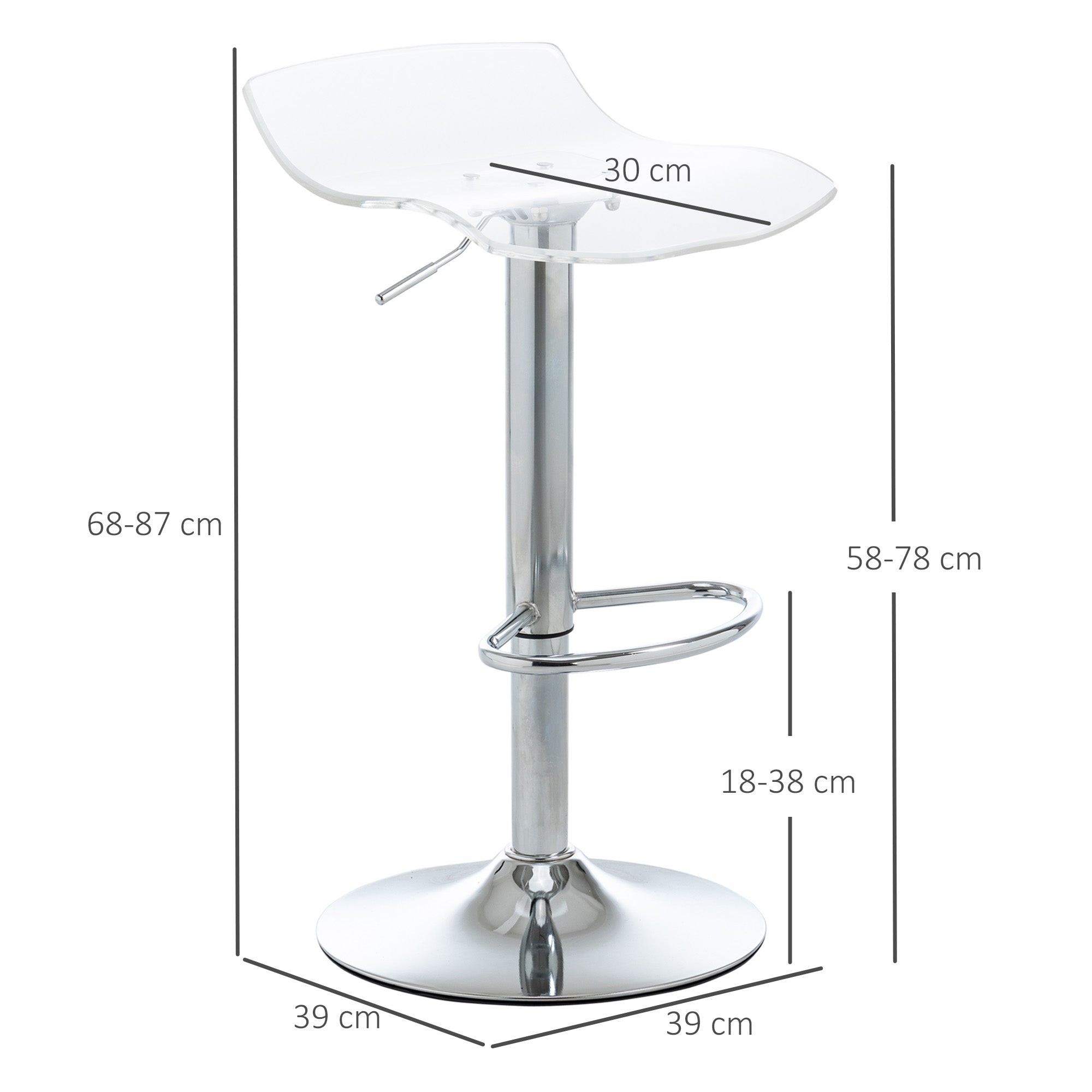 Set of 2 contemporary design bar stools with acrylic seat and metal base - 360° swivel - adjustable height with footrest - transparent