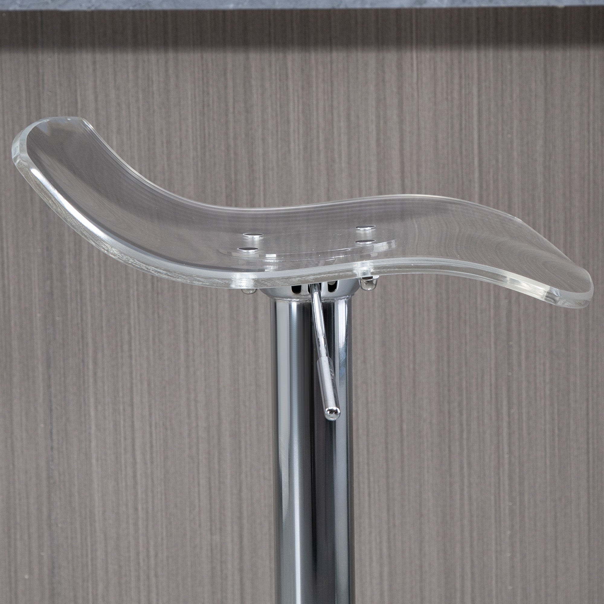 Set of 2 contemporary design bar stools with acrylic seat and metal base - 360° swivel - adjustable height with footrest - transparent