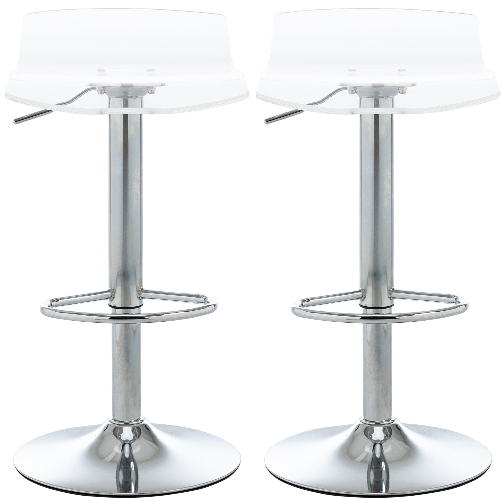 Set of 2 contemporary design bar stools with acrylic seat and metal base - 360° swivel - adjustable height with footrest - transparent