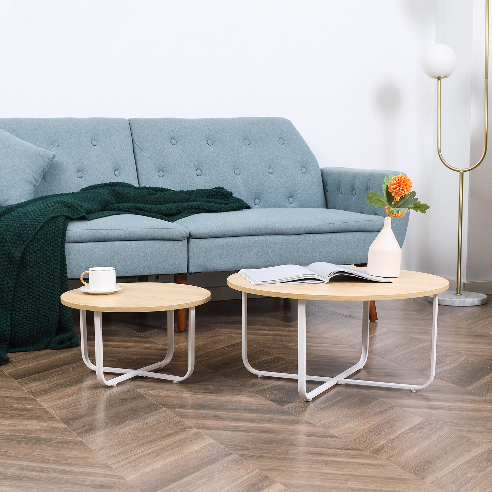 Set of 2 Center Tables Ø65x32 cm and Ø45x26 cm Round Living Room Tables with Wood Top and Metal Legs for Bedroom Natural and White