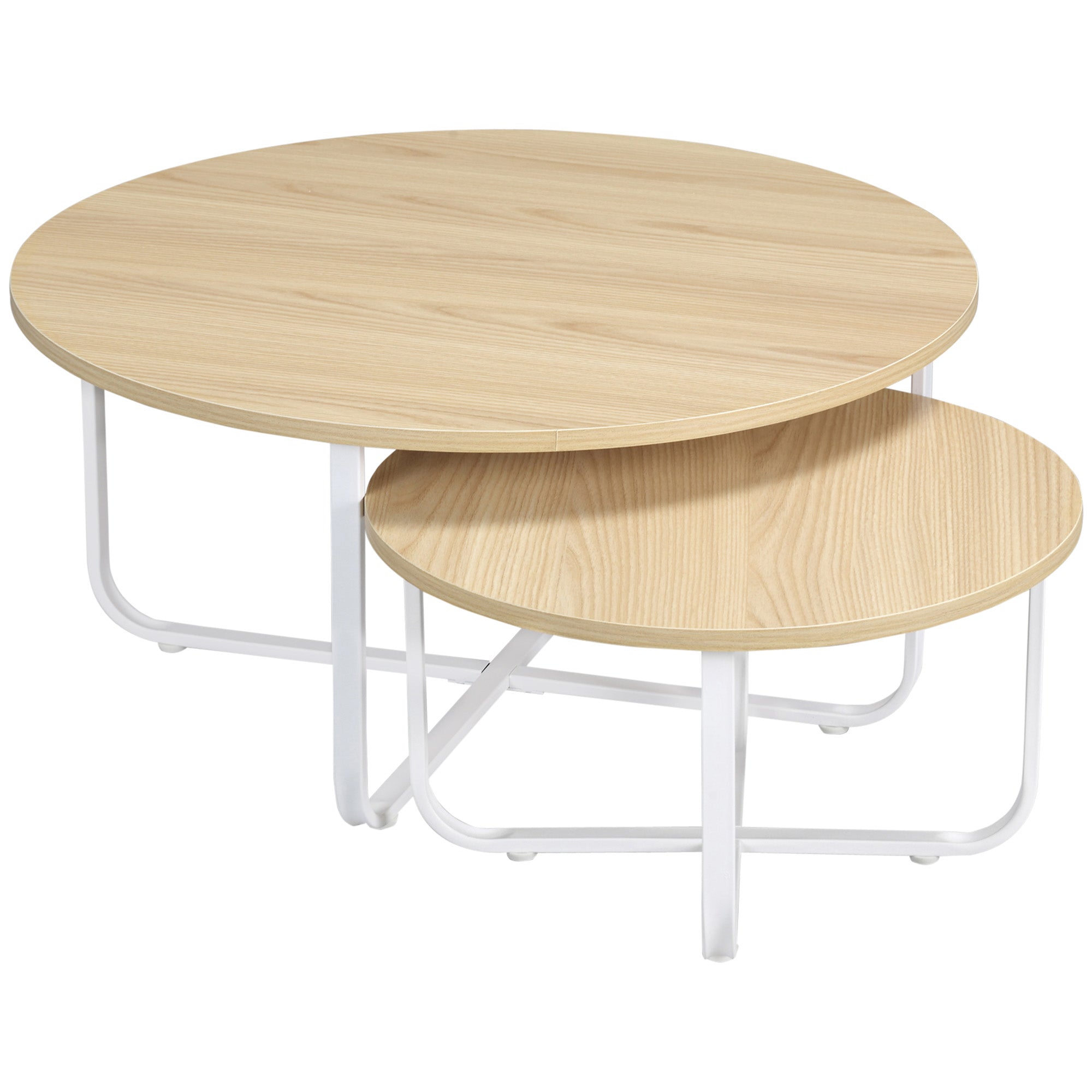 Set of 2 Center Tables Ø65x32 cm and Ø45x26 cm Round Living Room Tables with Wood Top and Metal Legs for Bedroom Natural and White