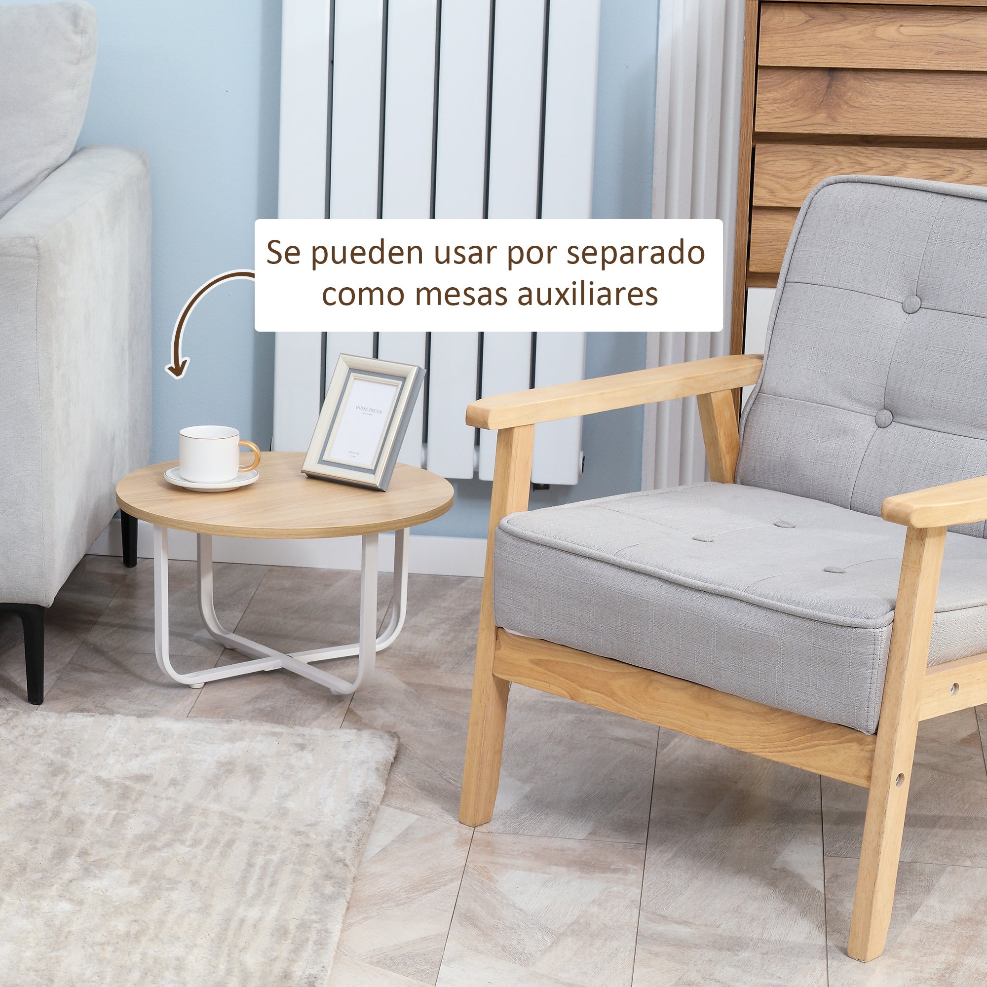 Set of 2 Center Tables Ø65x32 cm and Ø45x26 cm Round Living Room Tables with Wood Top and Metal Legs for Bedroom Natural and White