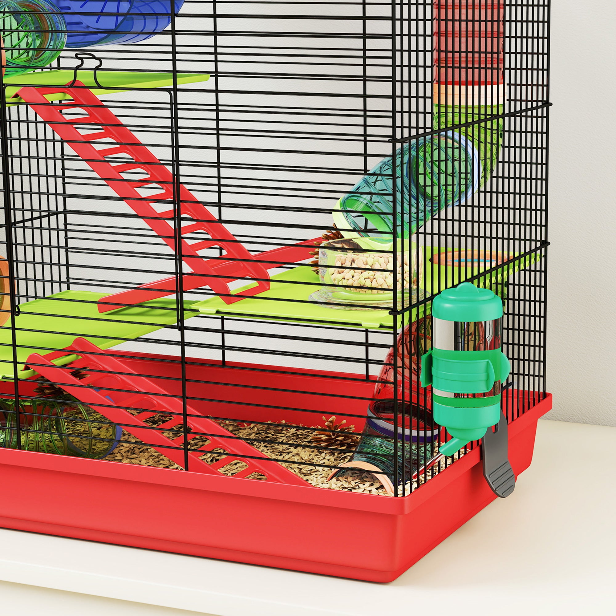 Hamster Mouse Small Pets Rodent Cage with Tunnel Feeder Wheel Toy 47 x 30 x 59 cm Red