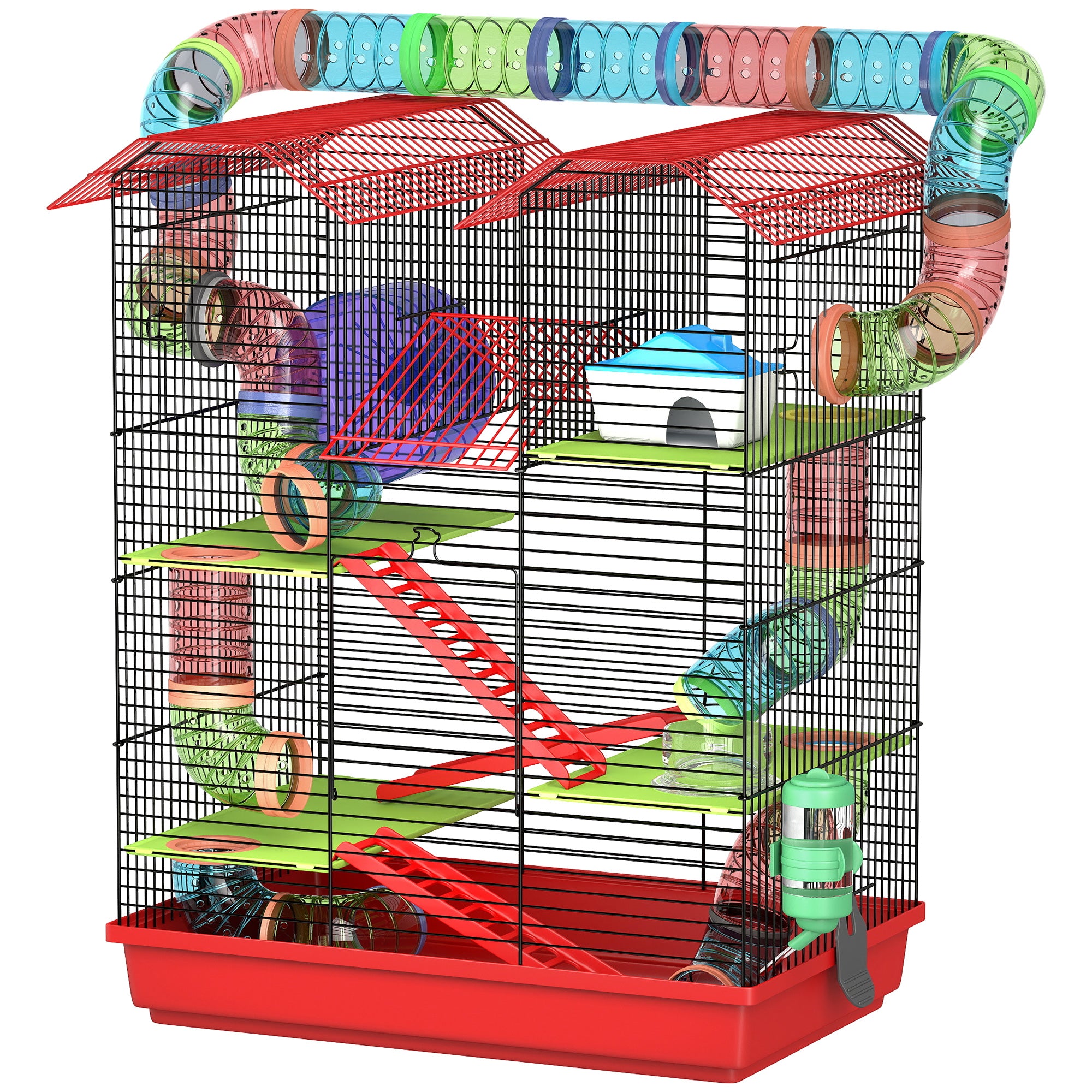 Hamster Mouse Small Pets Rodent Cage with Tunnel Feeder Wheel Toy 47 x 30 x 59 cm Red