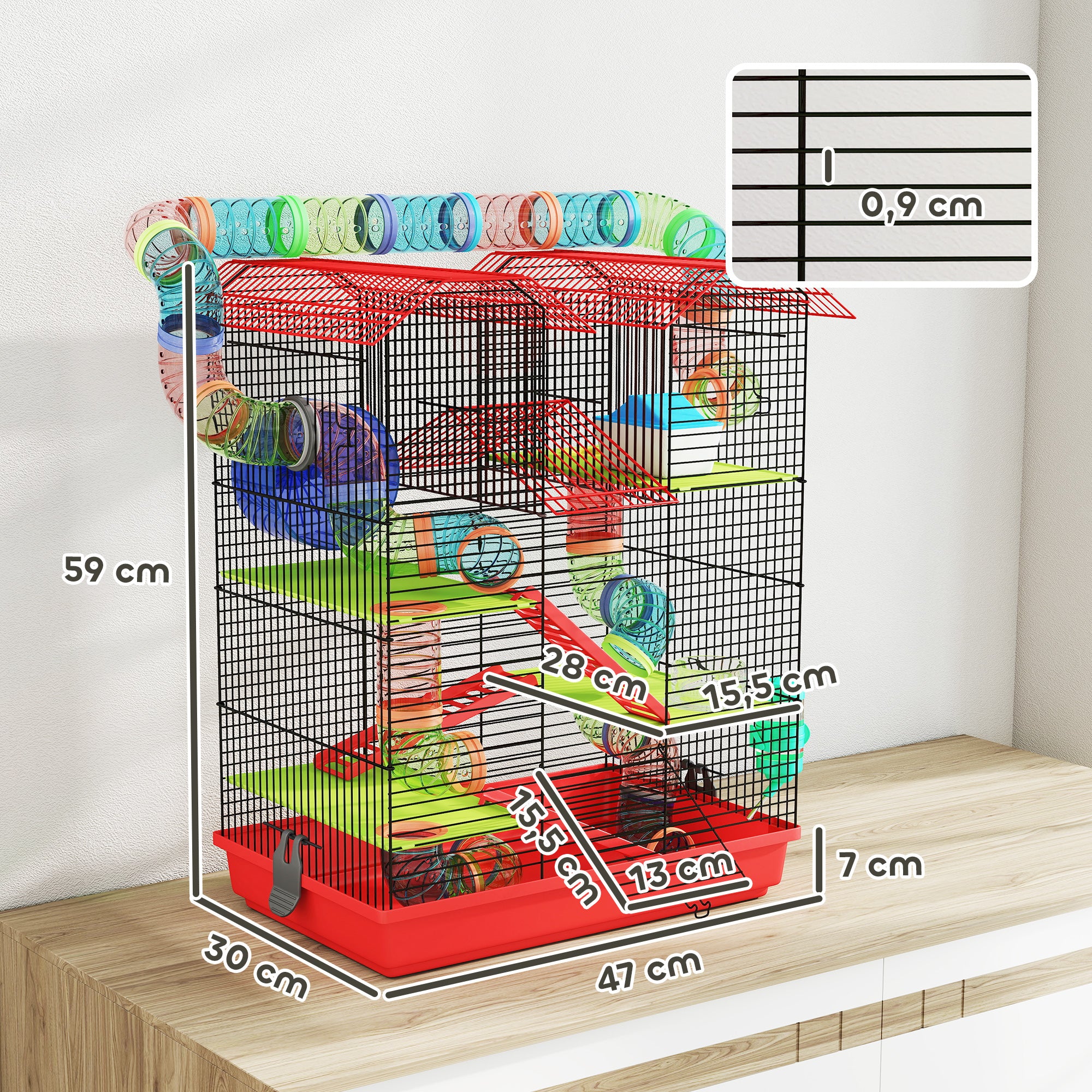 Hamster Mouse Small Pets Rodent Cage with Tunnel Feeder Wheel Toy 47 x 30 x 59 cm Red