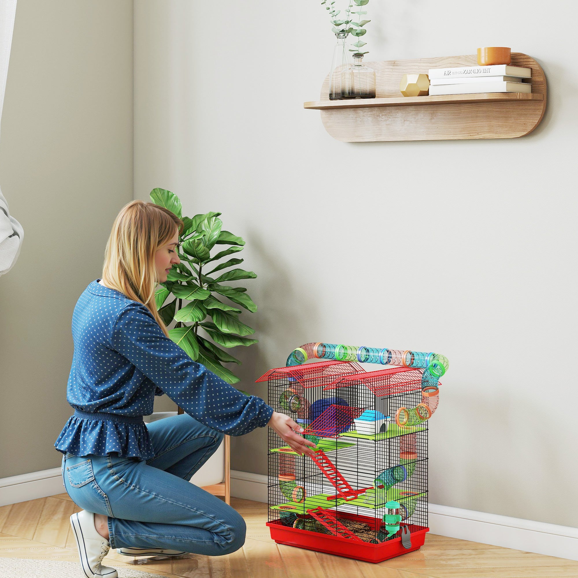 Hamster Mouse Small Pets Rodent Cage with Tunnel Feeder Wheel Toy 47 x 30 x 59 cm Red