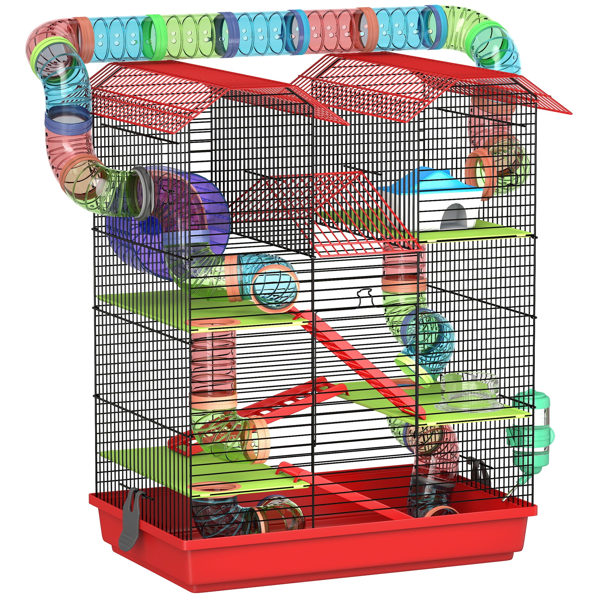 Hamster Mouse Small Pets Rodent Cage with Tunnel Feeder Wheel Toy 47 x 30 x 59 cm Red