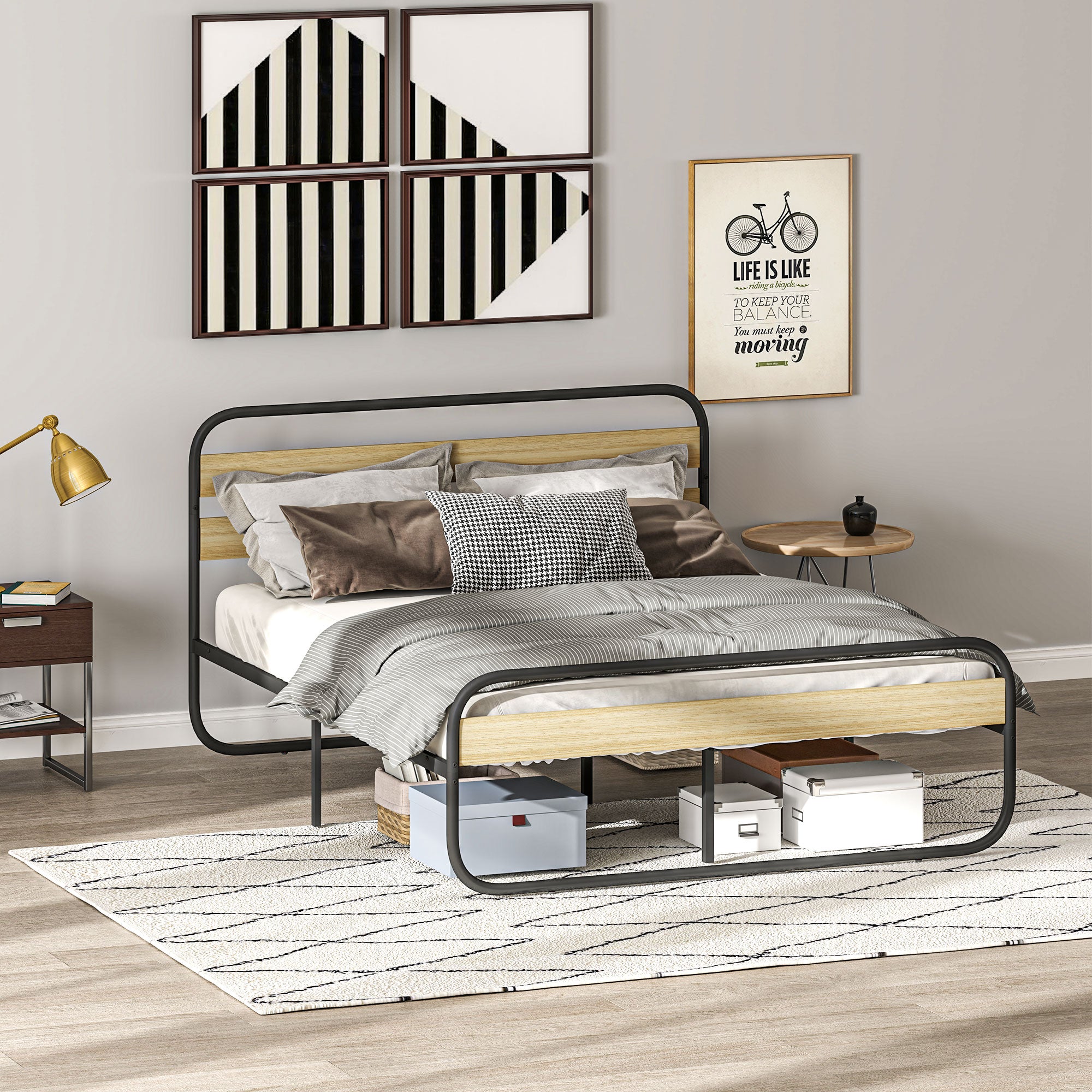 Double Bed Frame 160 x 200 cm Industrial Style Bed for 2 People with Storage, Bed Base, Head and Footboard - Easy Assembly, Wood and Steel, Wood Look