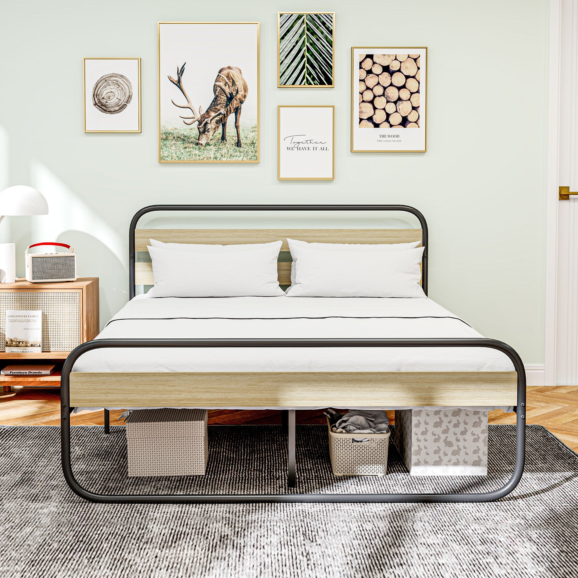 Double Bed Frame 160 x 200 cm Industrial Style Bed for 2 People with Storage, Bed Base, Head and Footboard - Easy Assembly, Wood and Steel, Wood Look