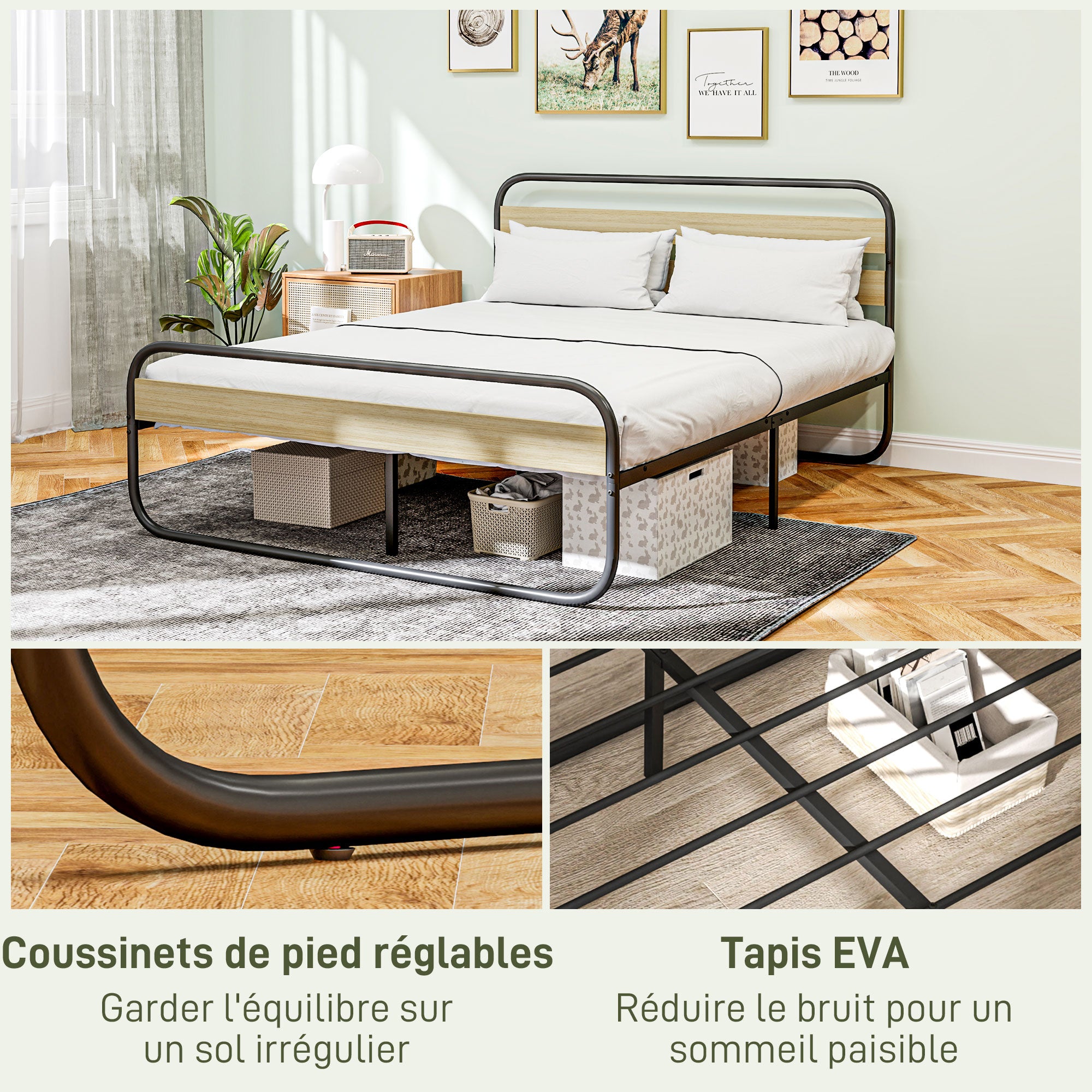 Double Bed Frame 160 x 200 cm Industrial Style Bed for 2 People with Storage, Bed Base, Head and Footboard - Easy Assembly, Wood and Steel, Wood Look