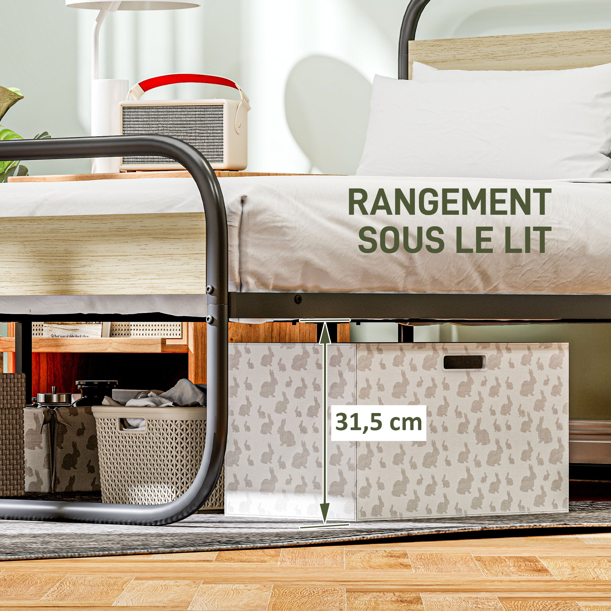 Double Bed Frame 160 x 200 cm Industrial Style Bed for 2 People with Storage, Bed Base, Head and Footboard - Easy Assembly, Wood and Steel, Wood Look