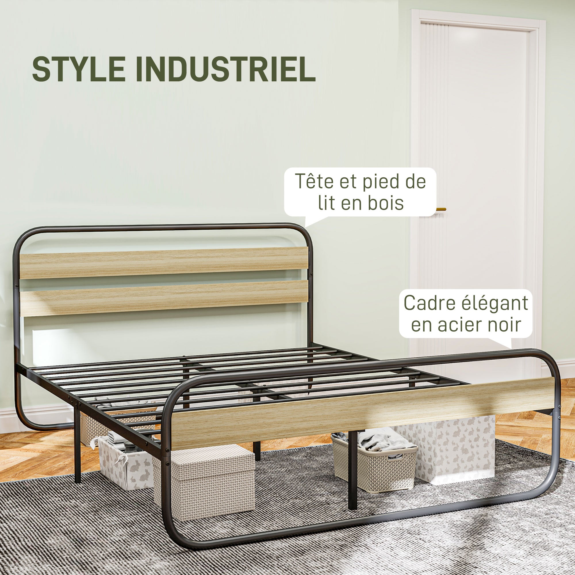 Double Bed Frame 160 x 200 cm Industrial Style Bed for 2 People with Storage, Bed Base, Head and Footboard - Easy Assembly, Wood and Steel, Wood Look