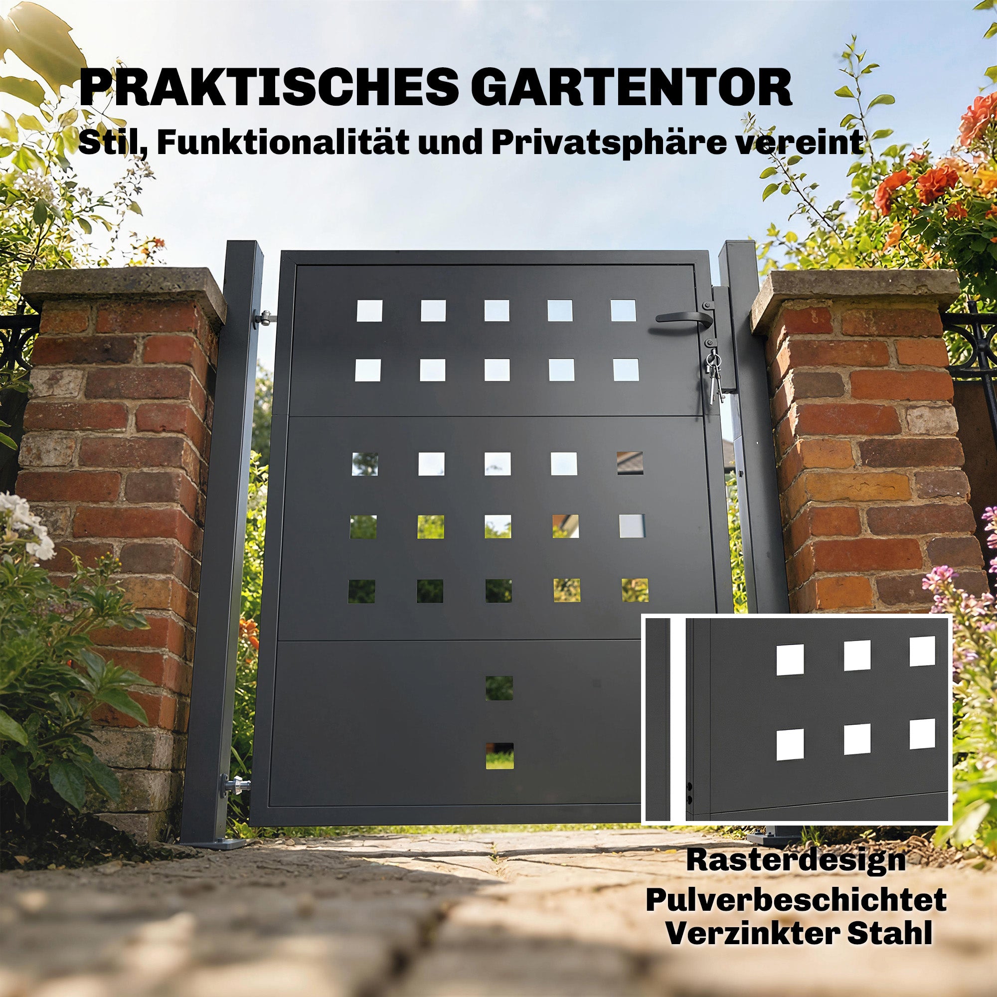 Galvanized Steel Garden Gate with Handle, Lock & 3 Keys, 105 x 130 cm, Dark Gray