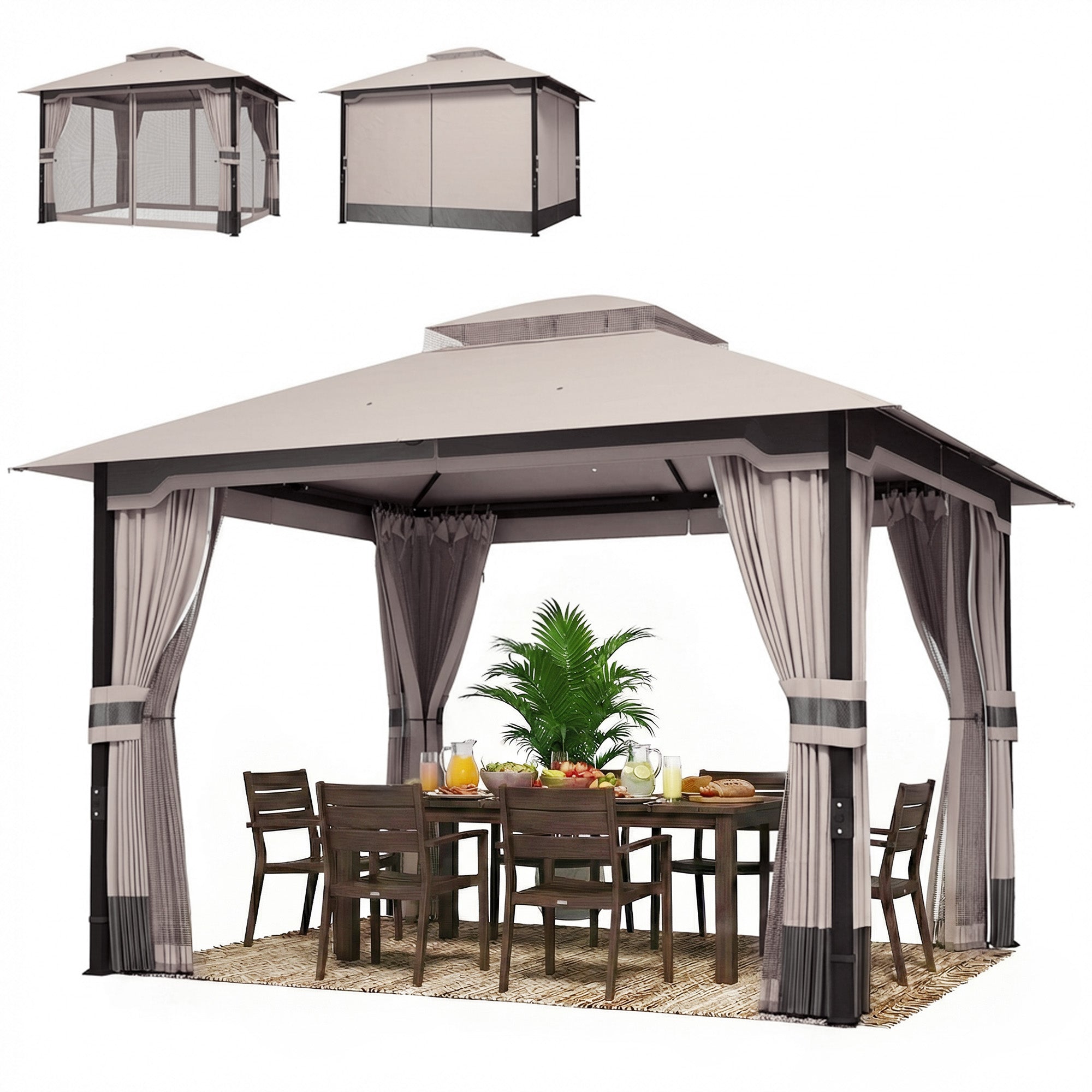 Metal Garden Gazebo 11.8 x 9.8 ft (3.6 x 3.0 m) – Water-Resistant, Stable & Winter-Ready with Double Roof, Mosquito Net, Side Curtains, Drainage Holes — Khaki