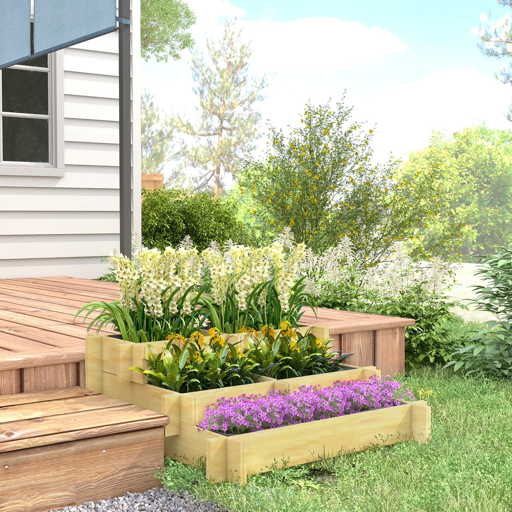 Raised Garden Bed Wooden, 3-Tier Planting Bed, Cold Frame with Fabric Lining, Flower Box Vegetable Bed 93x93x35cm for Balcony, Garden, Planter Box for Flowers, Vegetables, Herbs, Natural