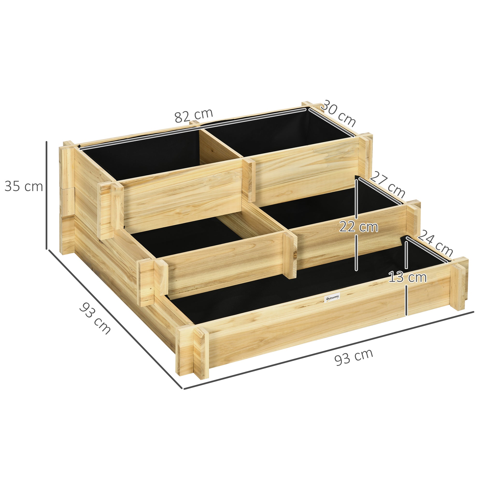 Raised Garden Bed Wooden, 3-Tier Planting Bed, Cold Frame with Fabric Lining, Flower Box Vegetable Bed 93x93x35cm for Balcony, Garden, Planter Box for Flowers, Vegetables, Herbs, Natural