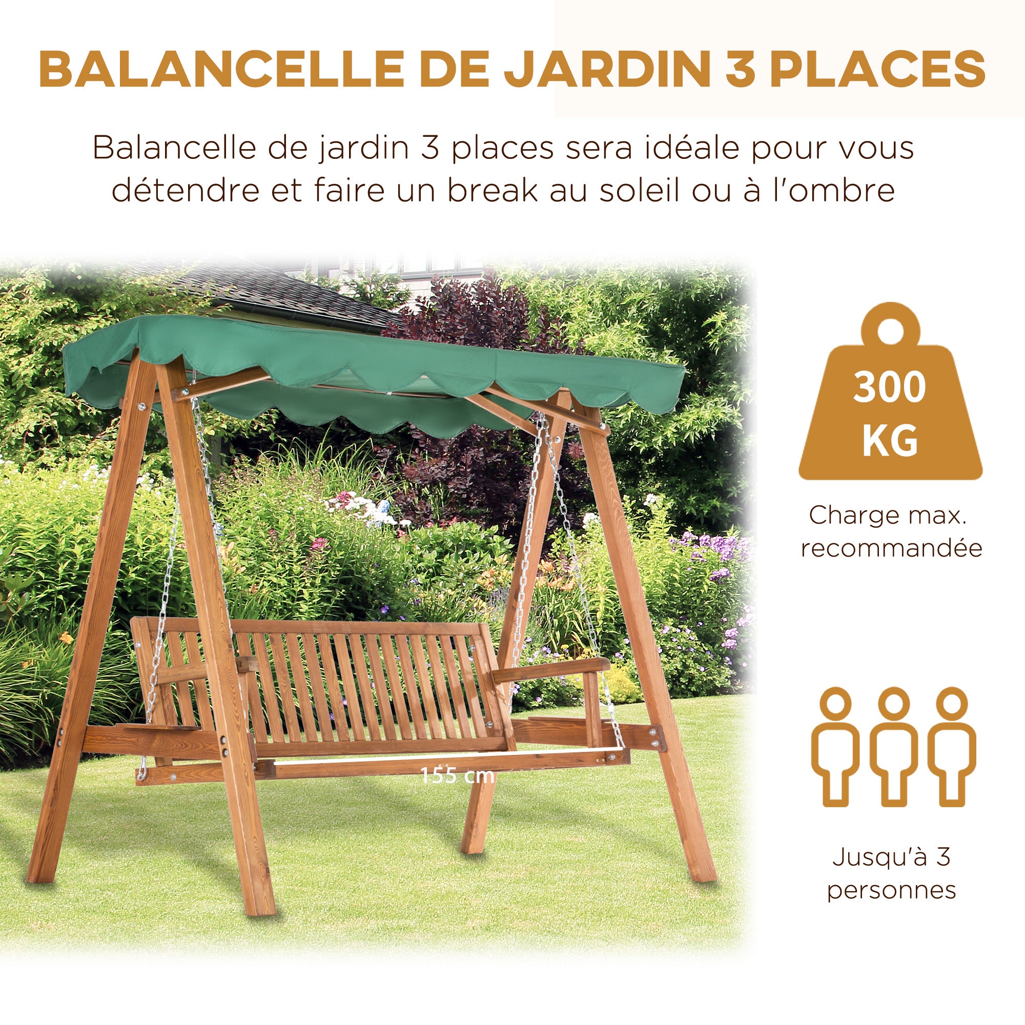 3-Seater Garden Lounger with Waterproof Canopy 2 Side Shelves 1.9L x 1.3W x 1.85H m Max. Load 360 kg Pine Wood Green