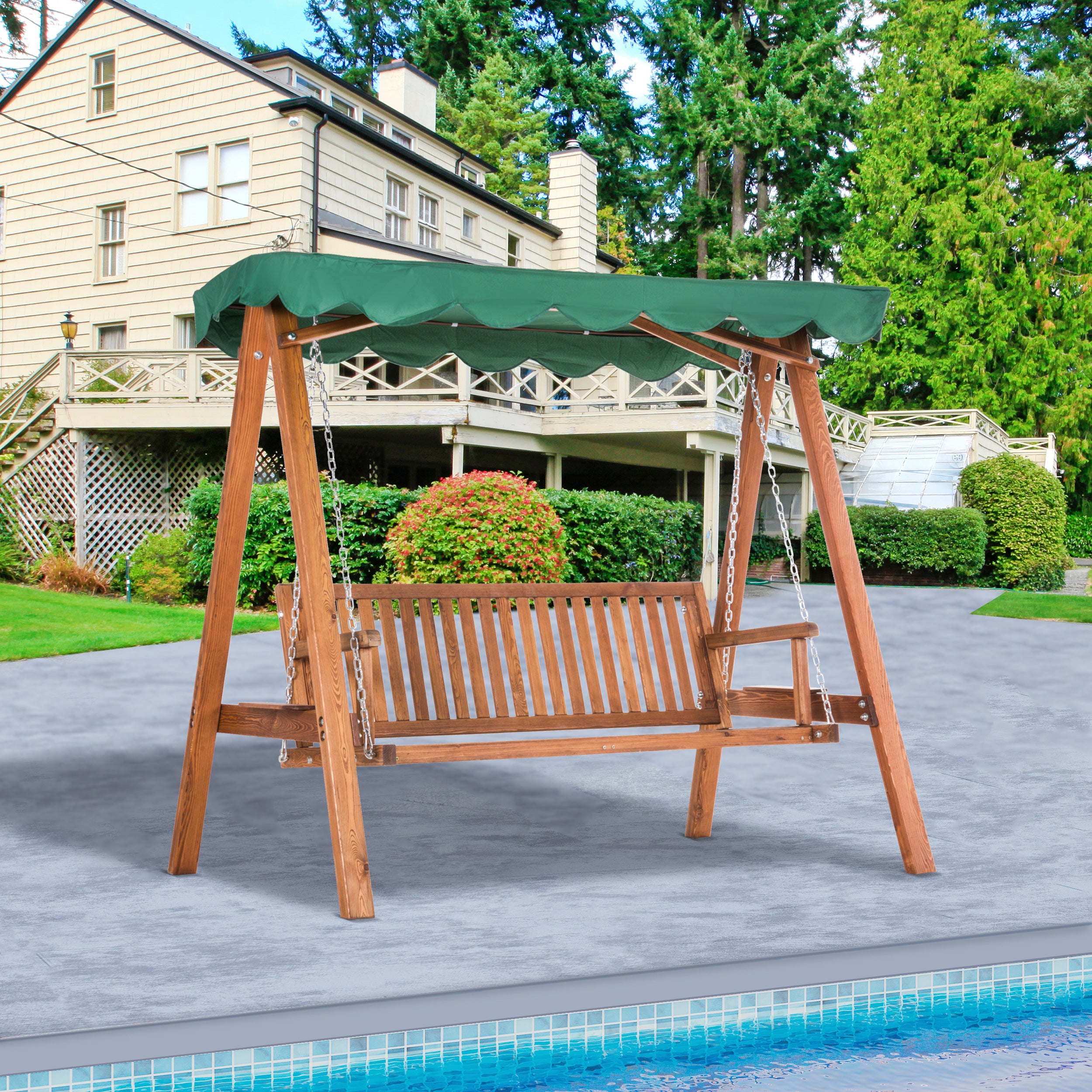 3-Seater Garden Lounger with Waterproof Canopy 2 Side Shelves 1.9L x 1.3W x 1.85H m Max. Load 360 kg Pine Wood Green