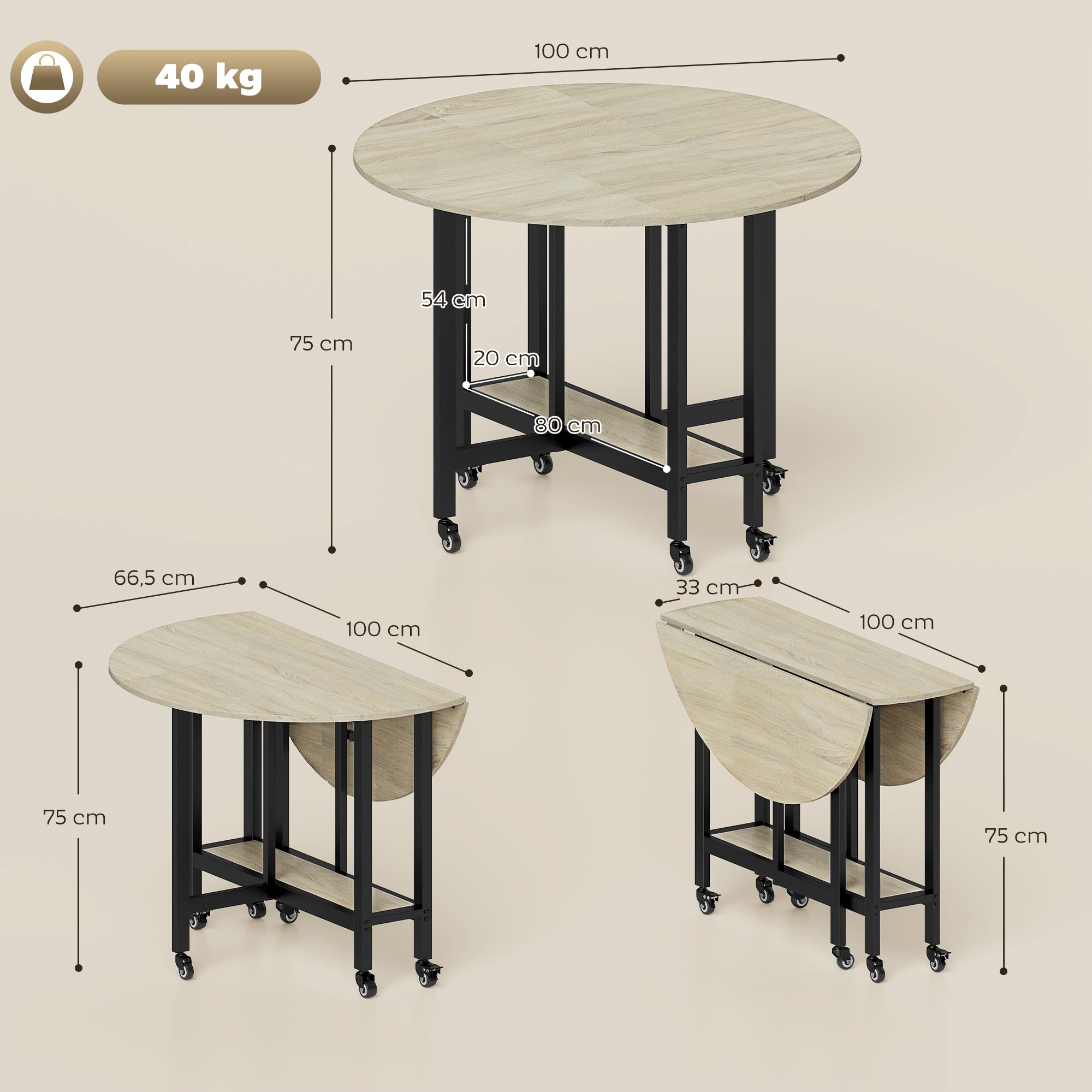Foldable Dining Table with Shelf and Wheels, Round Space‑Saving Table for 2–4 People, Natural Wood Finish, 39.4" x 39.4" x 29.5"