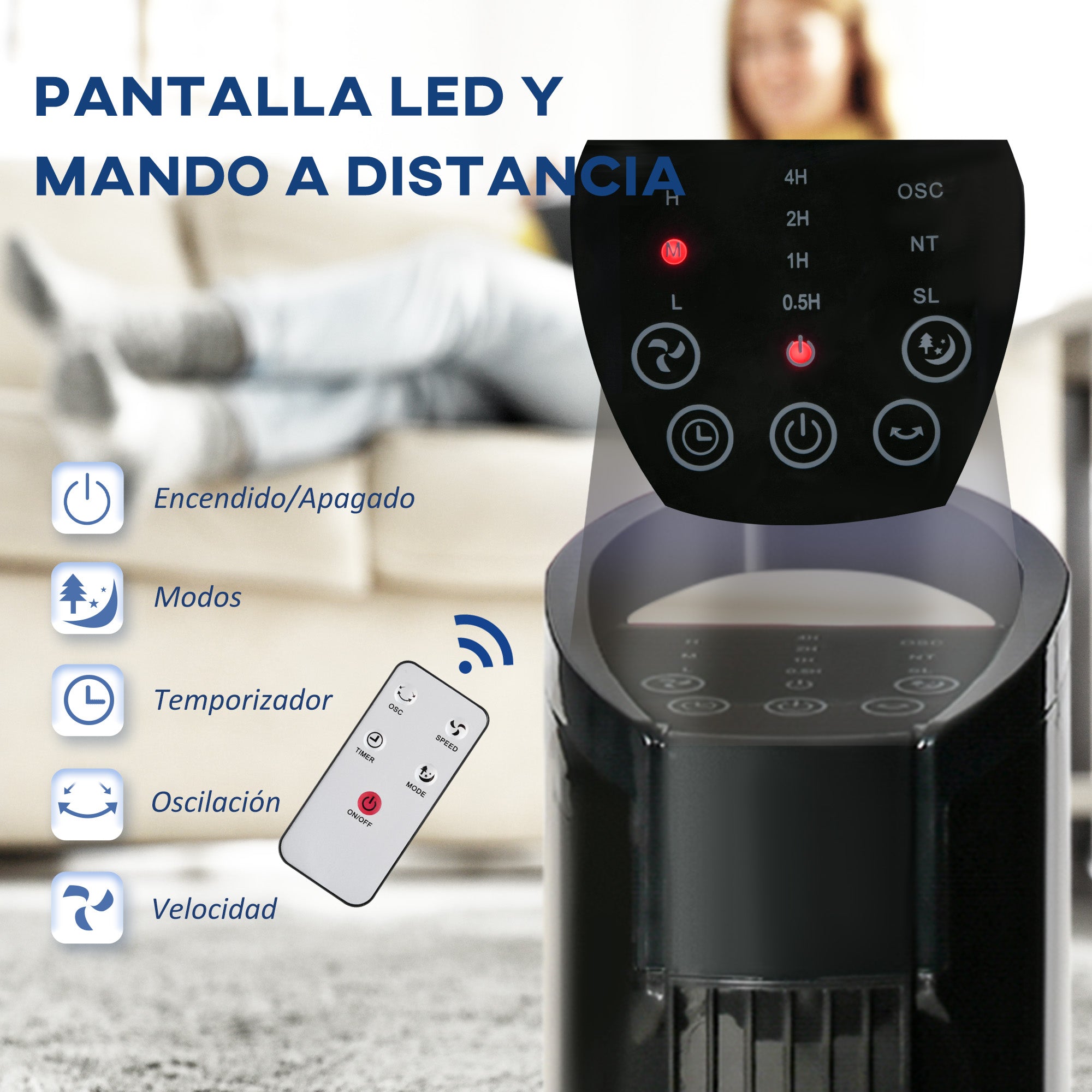 Tower Fan Vertical Fan 50W with Remote Control 3 Speeds LED Display Timer 7.5h and 70° Oscillation Ø20x78.5 cm Black