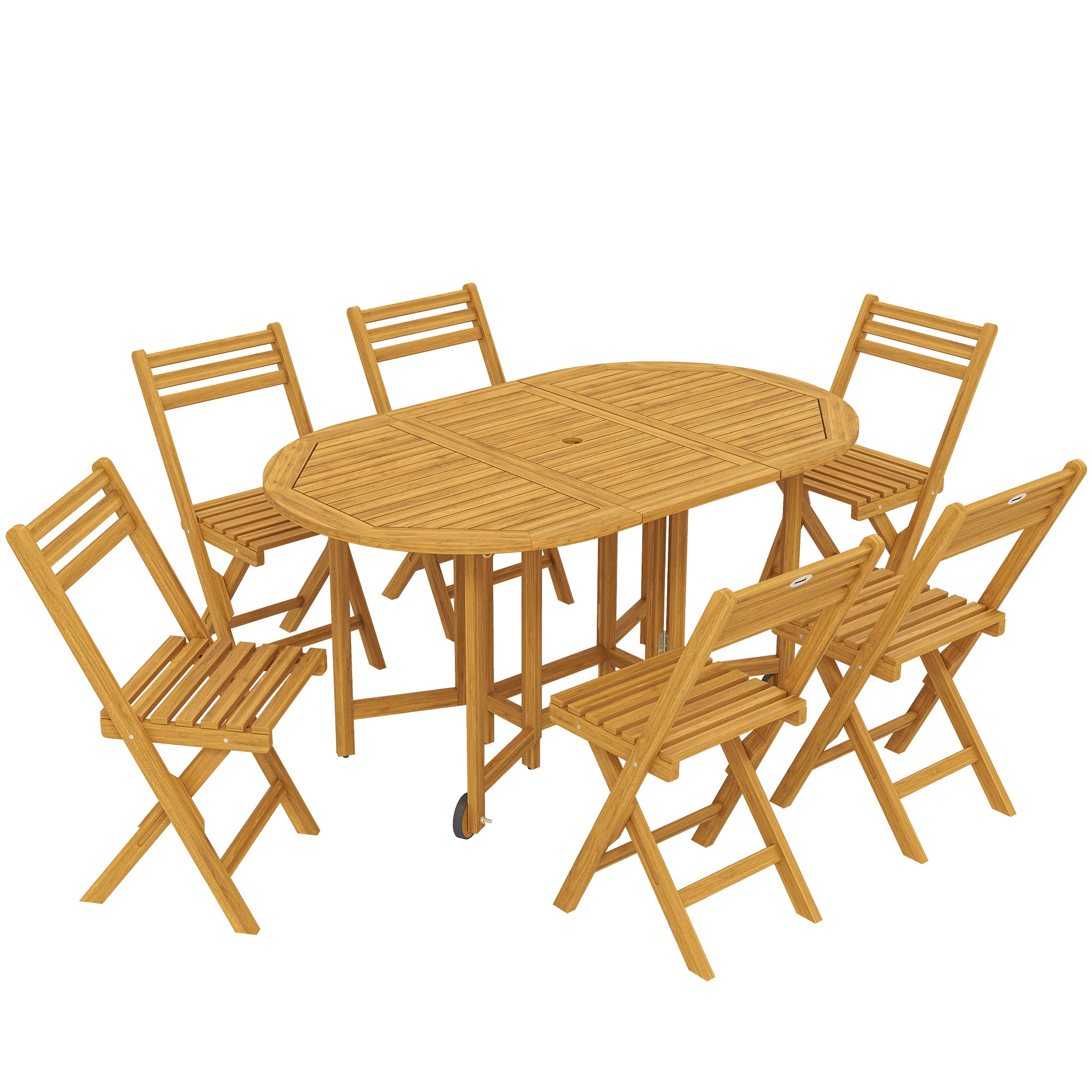 7-Piece FSC Acacia Outdoor Dining Set — Extendable Table & 6 Folding Chairs, Weather-Resistant, Natural Finish, Umbrella Hole