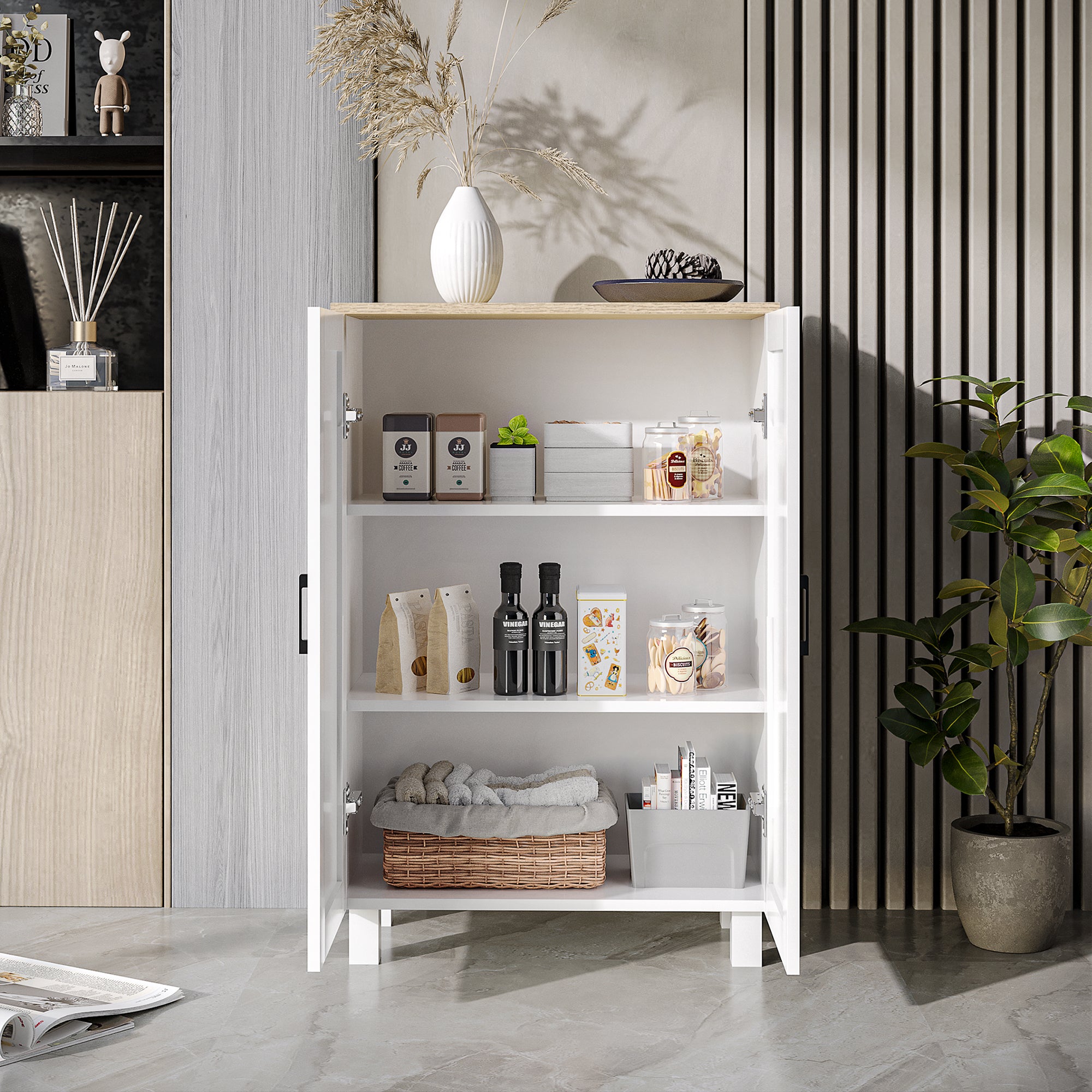 Modern Living Room Cabinet Storage Cabinet with 2 Doors Adjustable Shelf and Raised Base for Kitchen Dining Room Hallway Bedroom Anti-tip Device 60x30x90 cm White