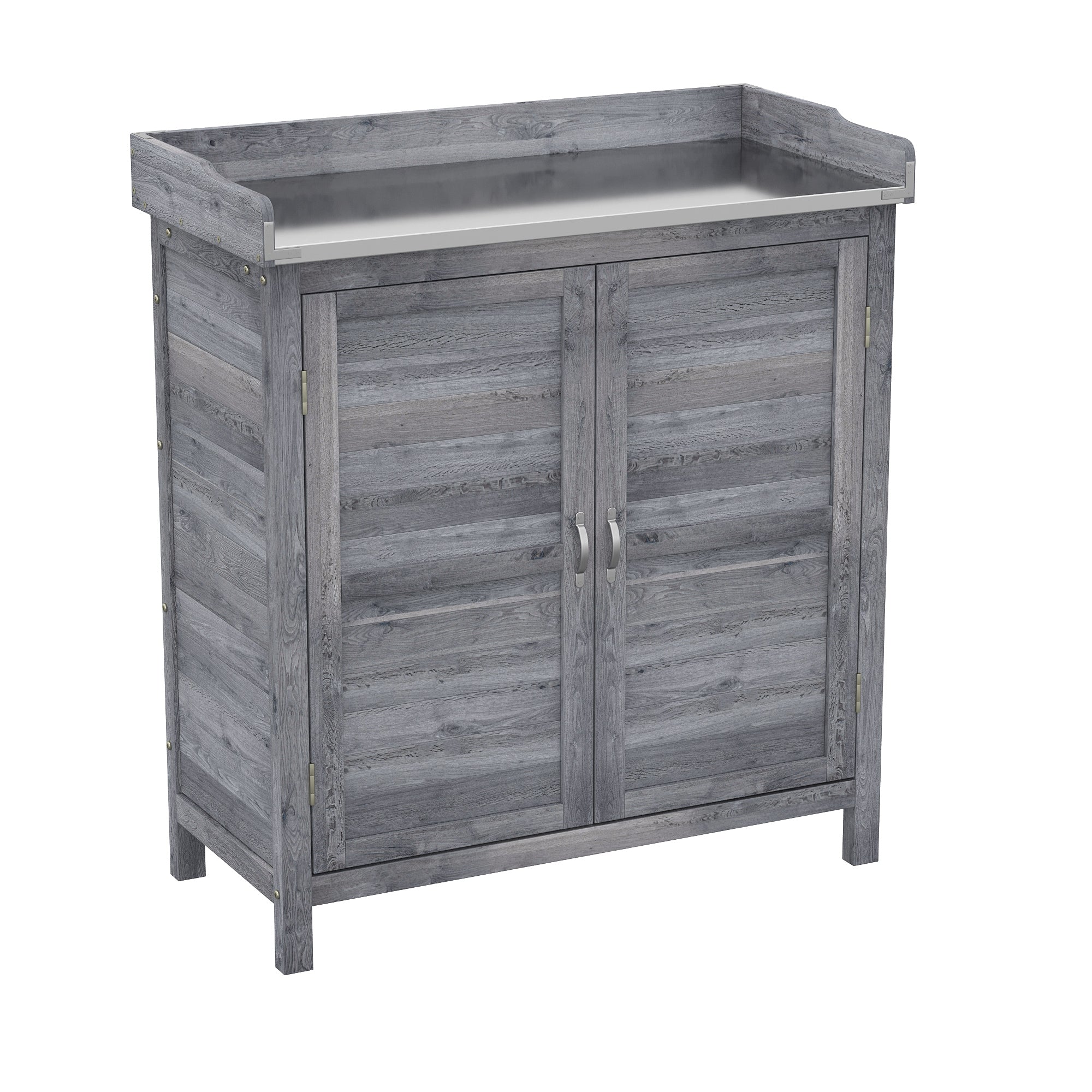 Potting Bench with Storage Cabinet — Fir/Spruce Wood Outdoor Garden Cabinet with Galvanized Worktop, 2 Shelves, Weather-Resistant, Gray (32.7" x 15.7" x 36.2")