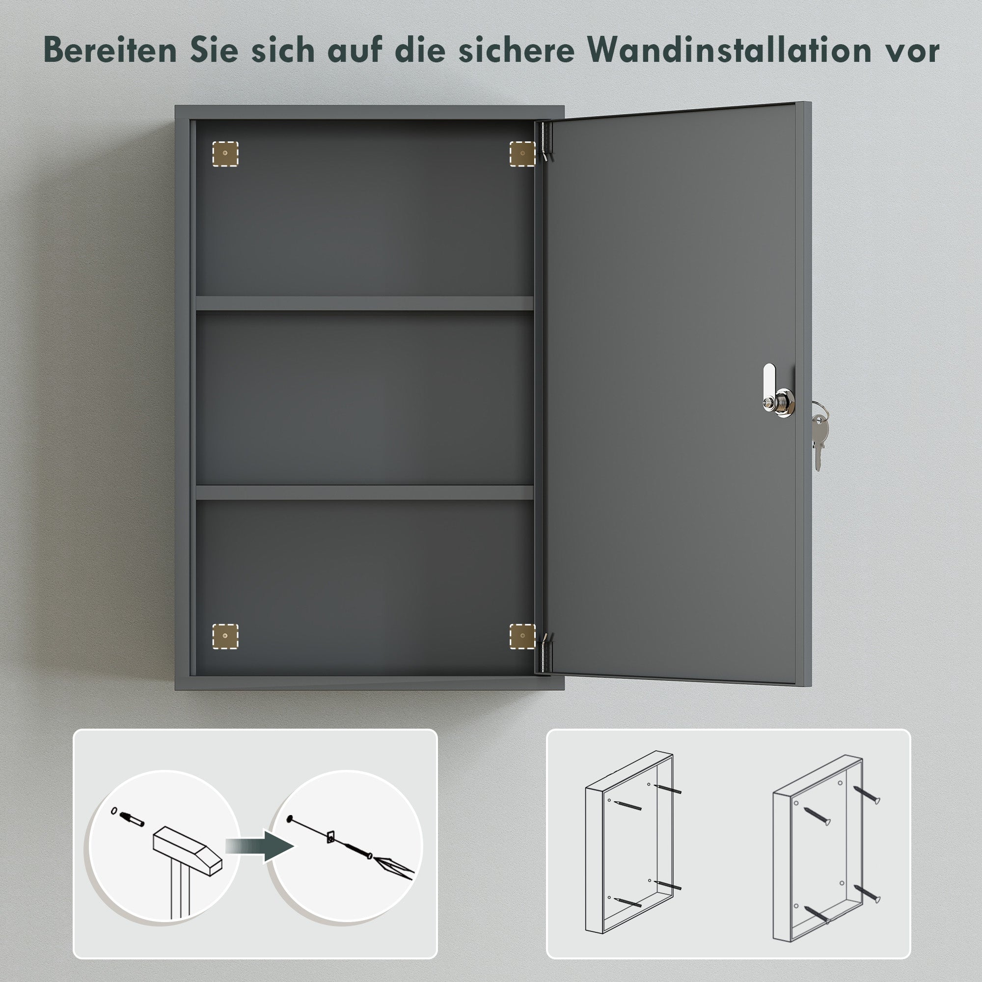 Lockable Medicine Cabinet — Metal 3-Shelf Wall Cabinet with Keys, 15.7 x 7.1 x 23.6 in, Gray