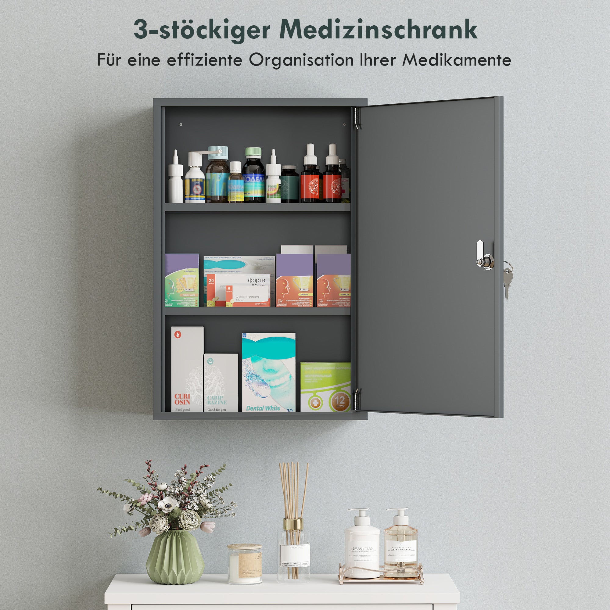 Lockable Medicine Cabinet — Metal 3-Shelf Wall Cabinet with Keys, 15.7 x 7.1 x 23.6 in, Gray