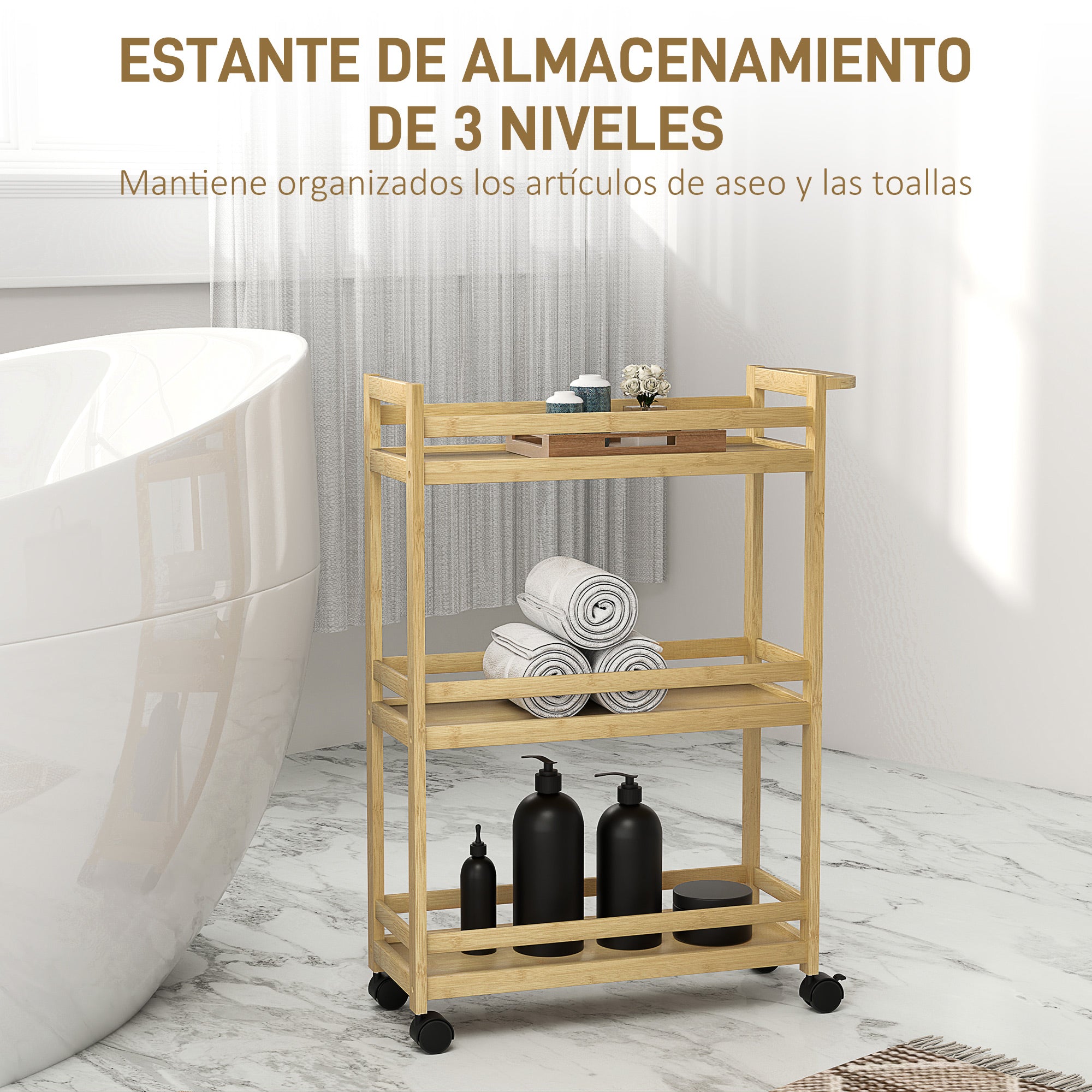 3-Tier Bamboo Bathroom Shelf Storage Cart with Wheels for Living Room Kitchen 55x20x75 cm Natural
