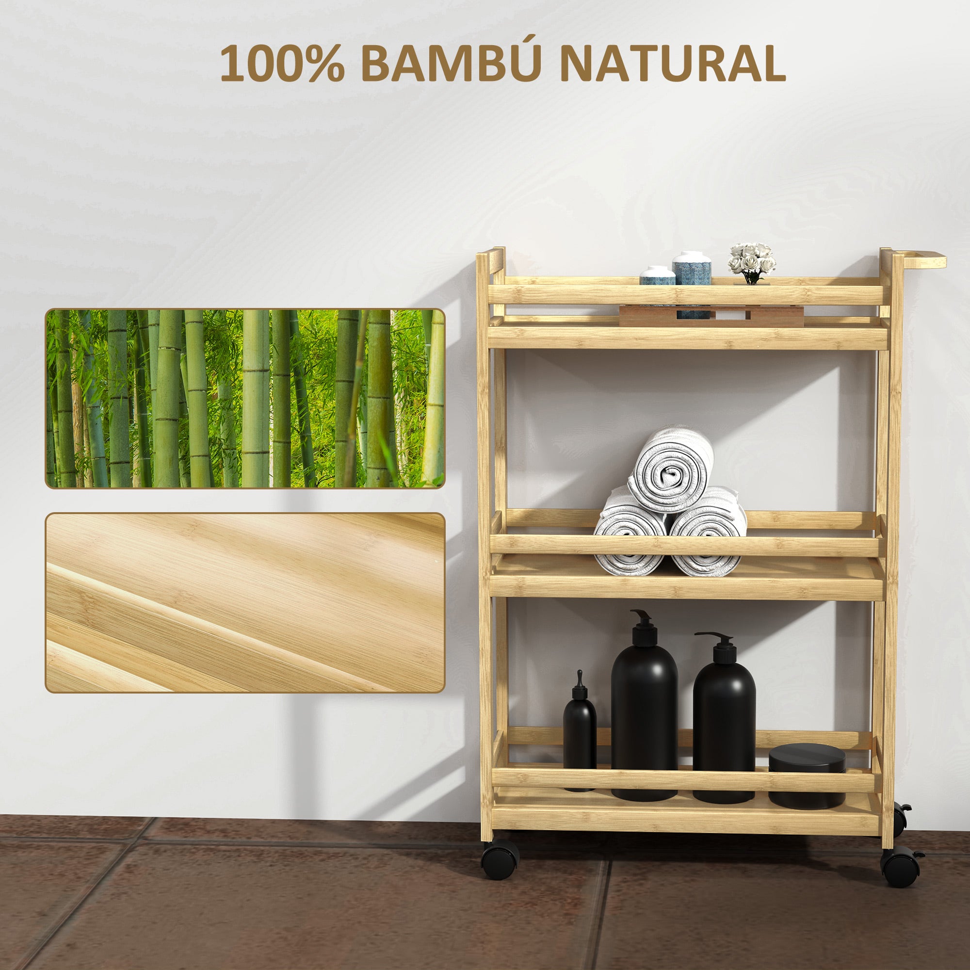 3-Tier Bamboo Bathroom Shelf Storage Cart with Wheels for Living Room Kitchen 55x20x75 cm Natural