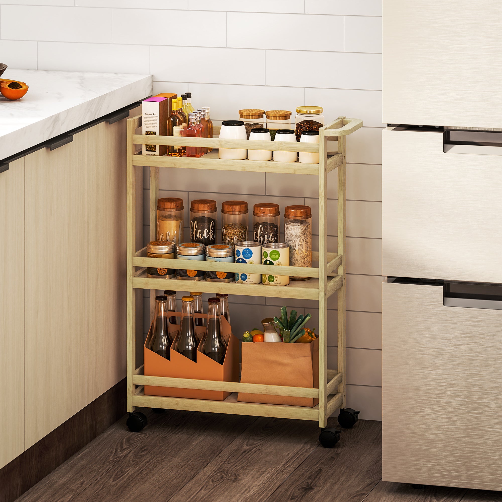 3-Tier Bamboo Bathroom Shelf Storage Cart with Wheels for Living Room Kitchen 55x20x75 cm Natural