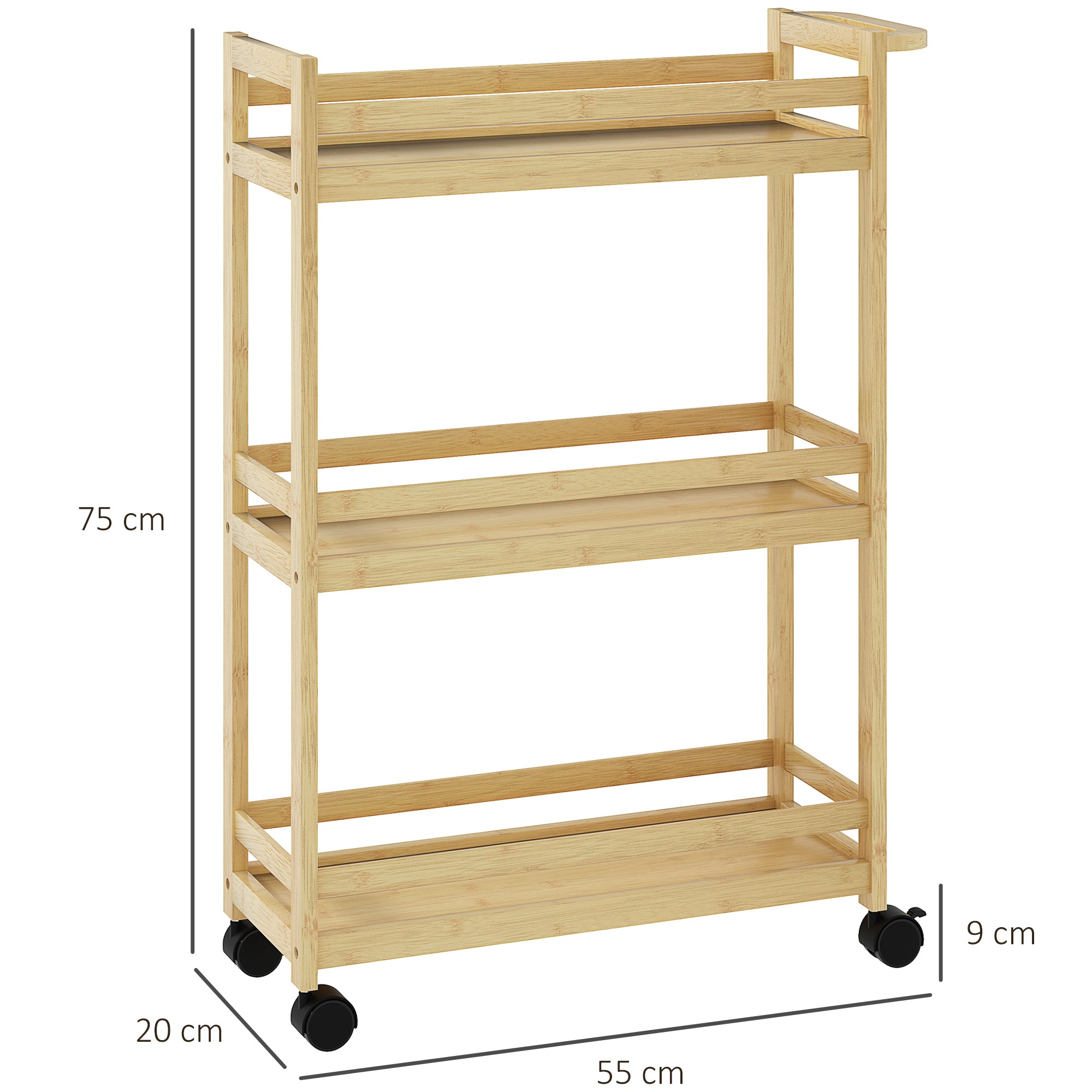 3-Tier Bamboo Bathroom Shelf Storage Cart with Wheels for Living Room Kitchen 55x20x75 cm Natural