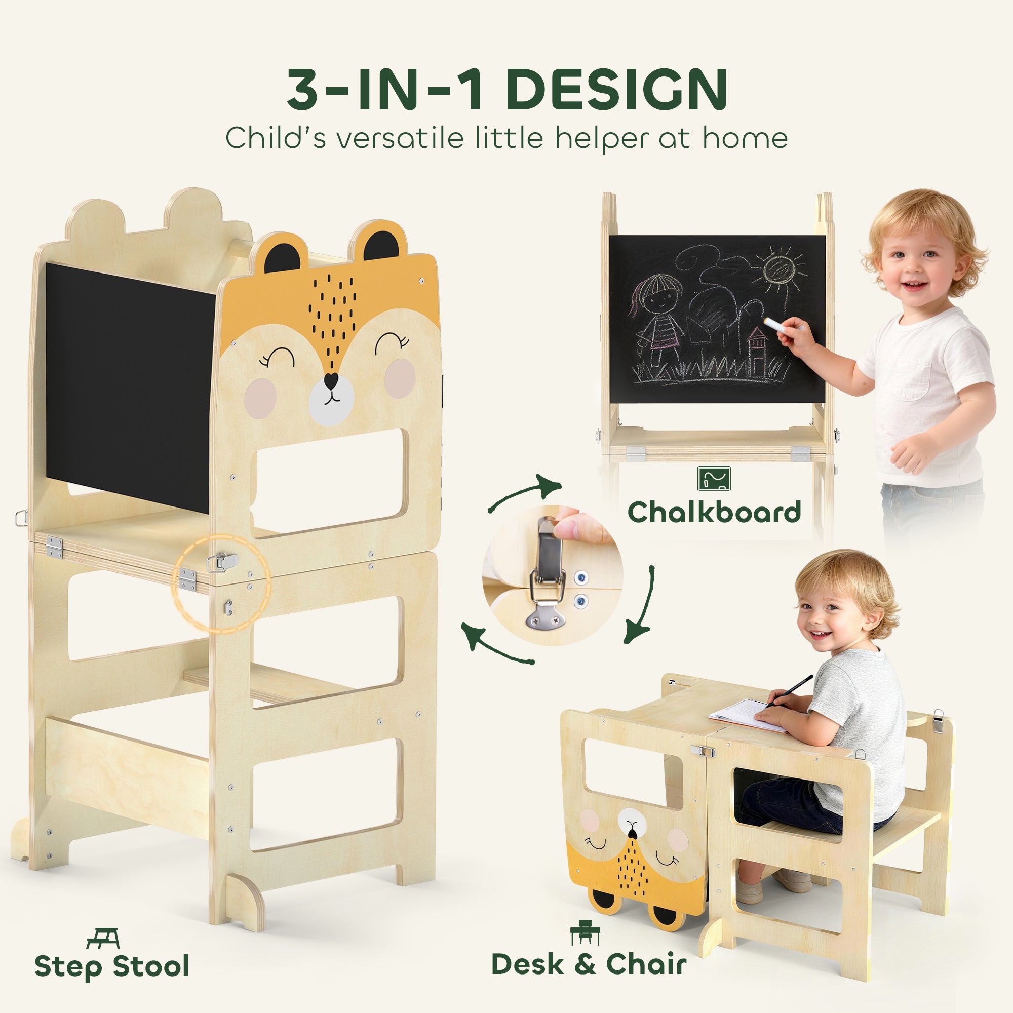Montessori Learning Tower for Kids (2–5 yrs) with Chalkboard & Table — Natural Plywood