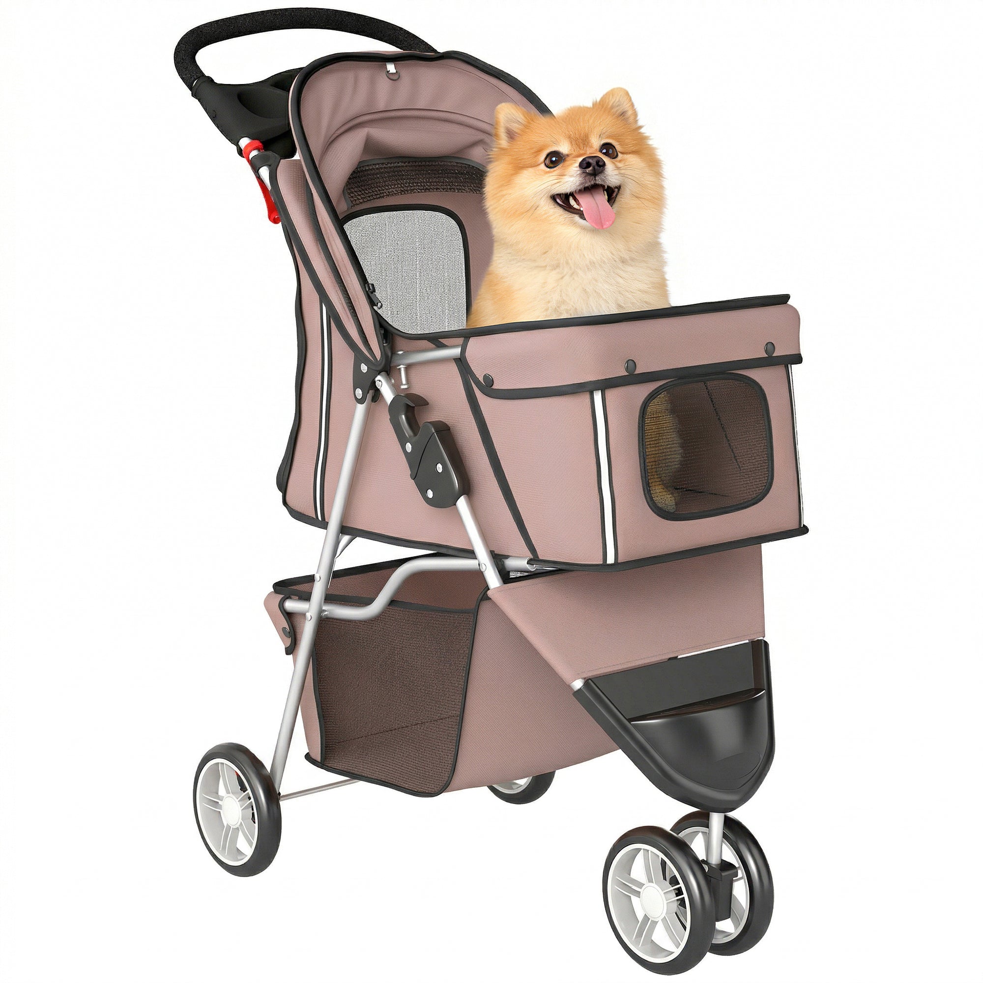 Foldable Pet Stroller for Small Dogs with Storage Basket, Mesh Windows & Cup Holder — 22 lb Capacity, 30.3 x 17.3 x 40.2 in, Brown