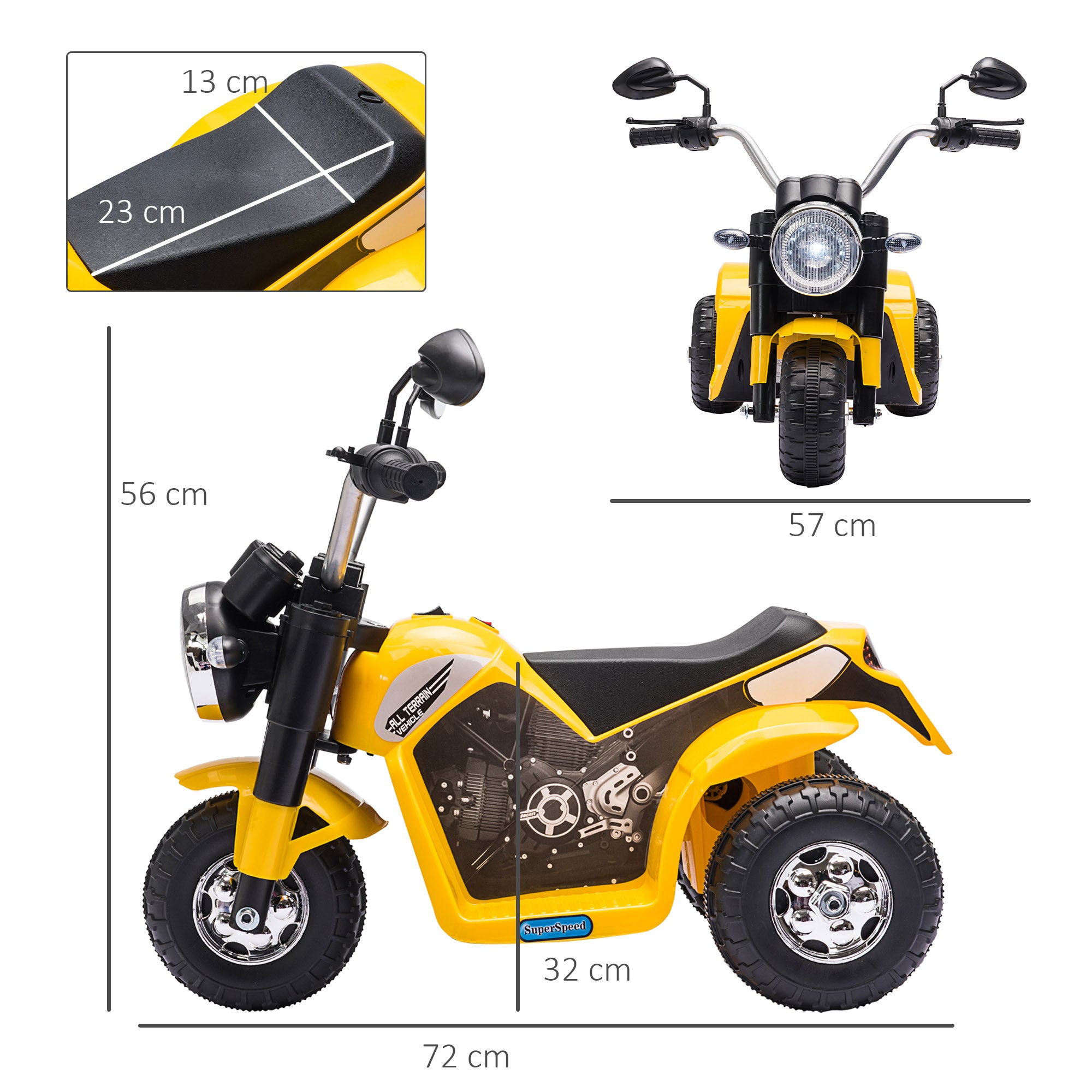 Children's Electric Motorcycle with 3 Wheels Electric Motorcycle for Kids 18-36 Months Battery Tricycle 6V with Headlight Horn 72x57x56 cm Yellow