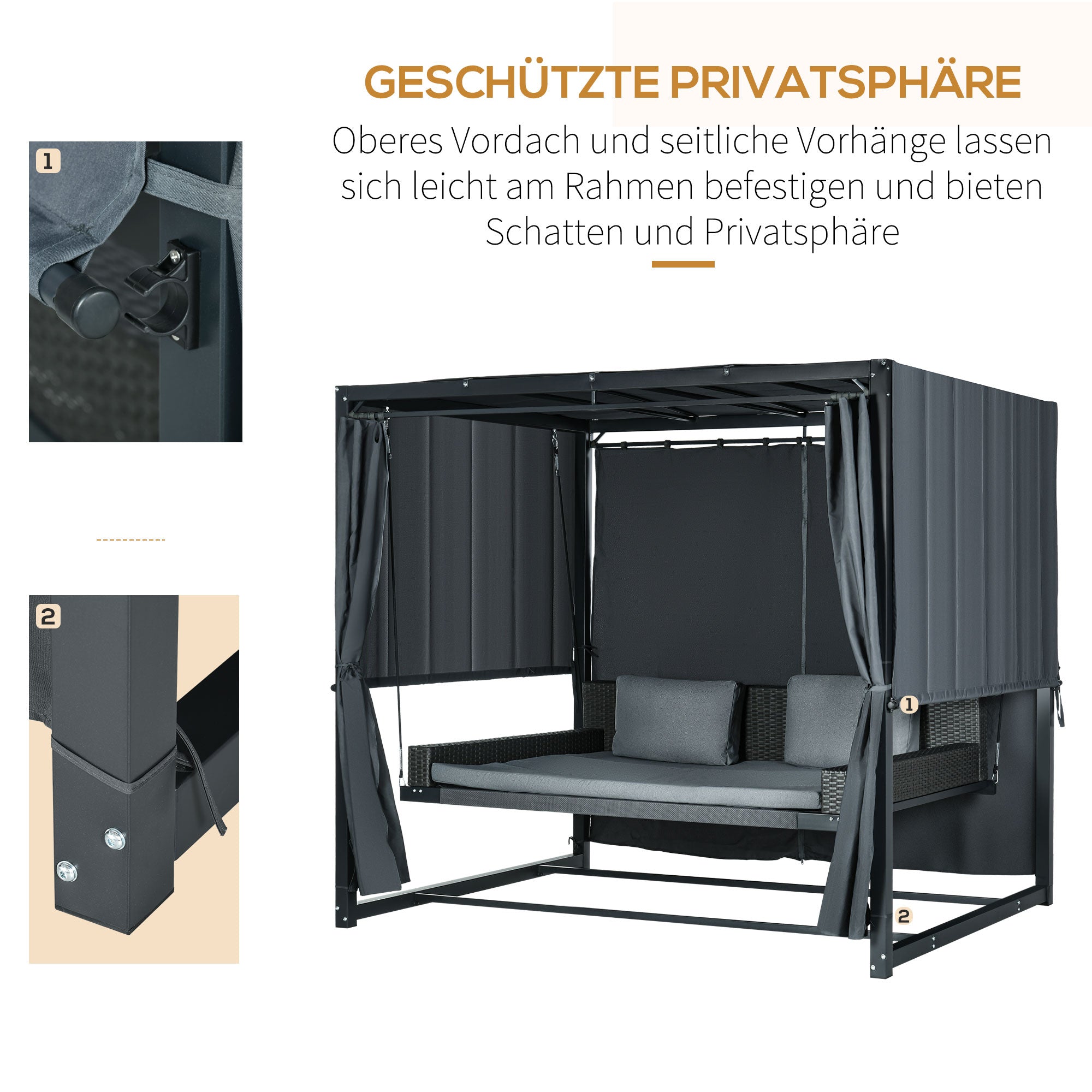 Hollywood Swing with Pergola, Garden Swing incl. Cushions, Weather-Resistant Daybed, for Garden, Balcony, 235 x 180 x 210 cm, Dark Gray