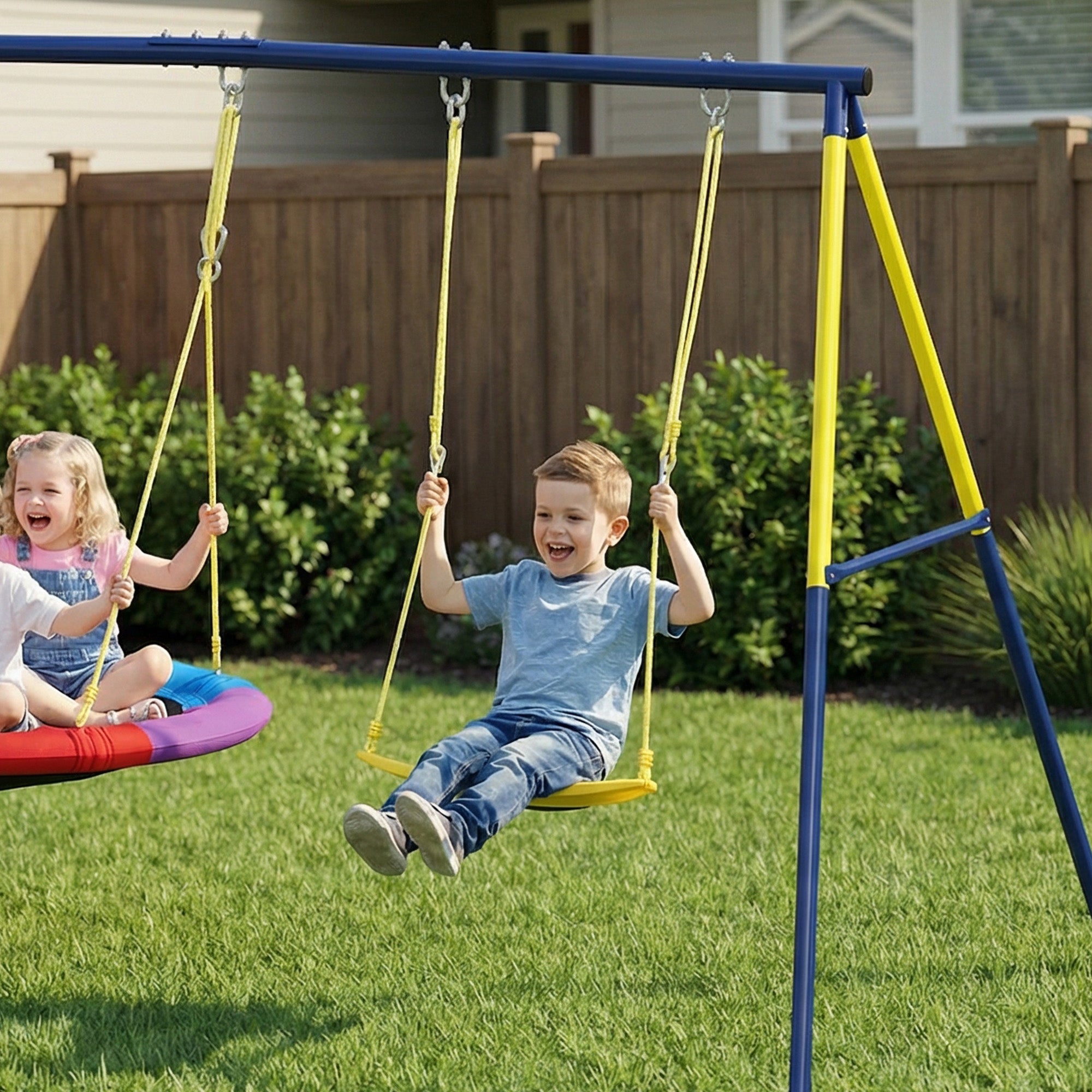 Kids Double Swing Set – Outdoor Playground with Adjustable Ropes, Metal Frame, Ages 3–8, 330 lb Capacity, Multicolor