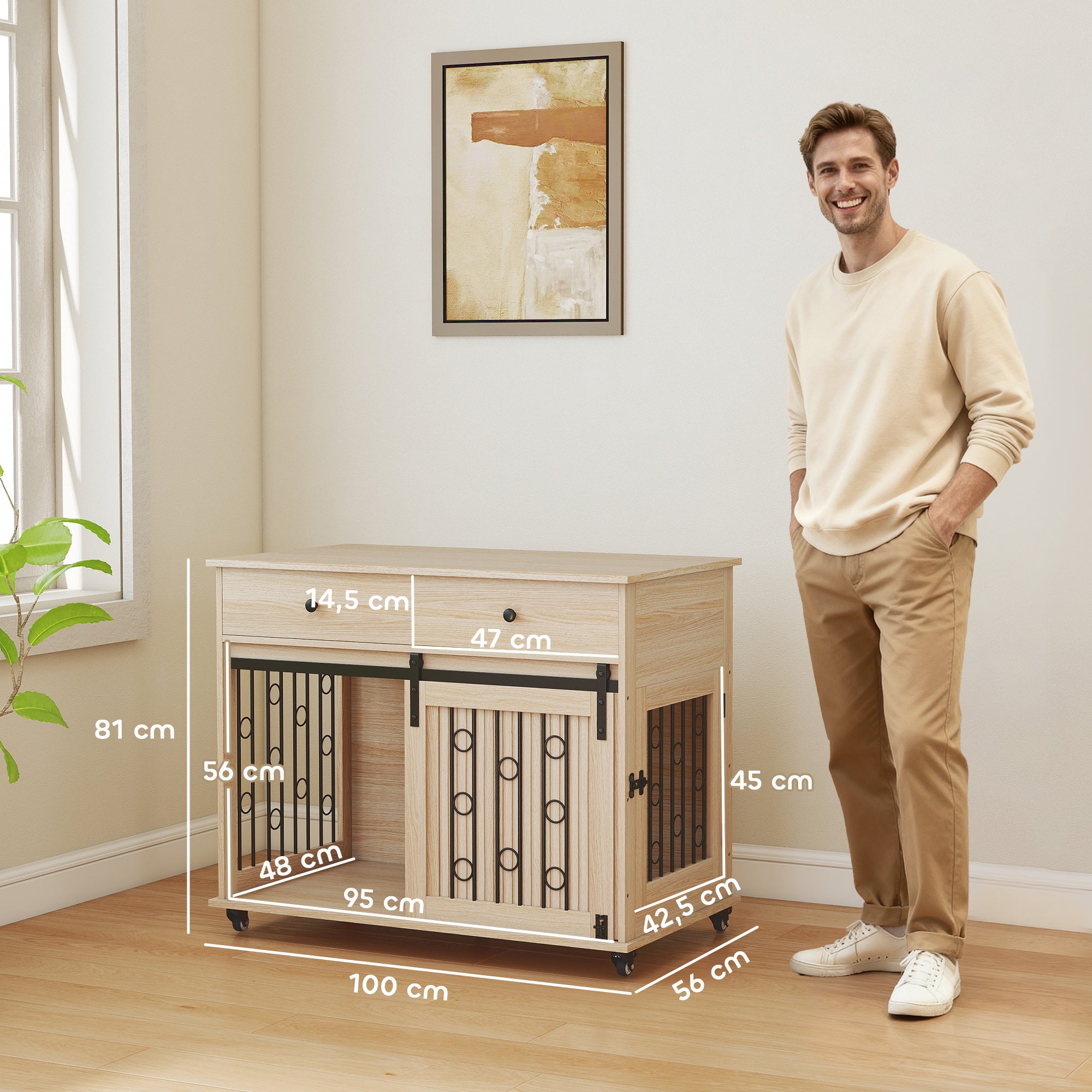 Home Dog Crate 39.4 in with Wheels, Drawer, Sliding Front Door & Lockable Side Door — Oak