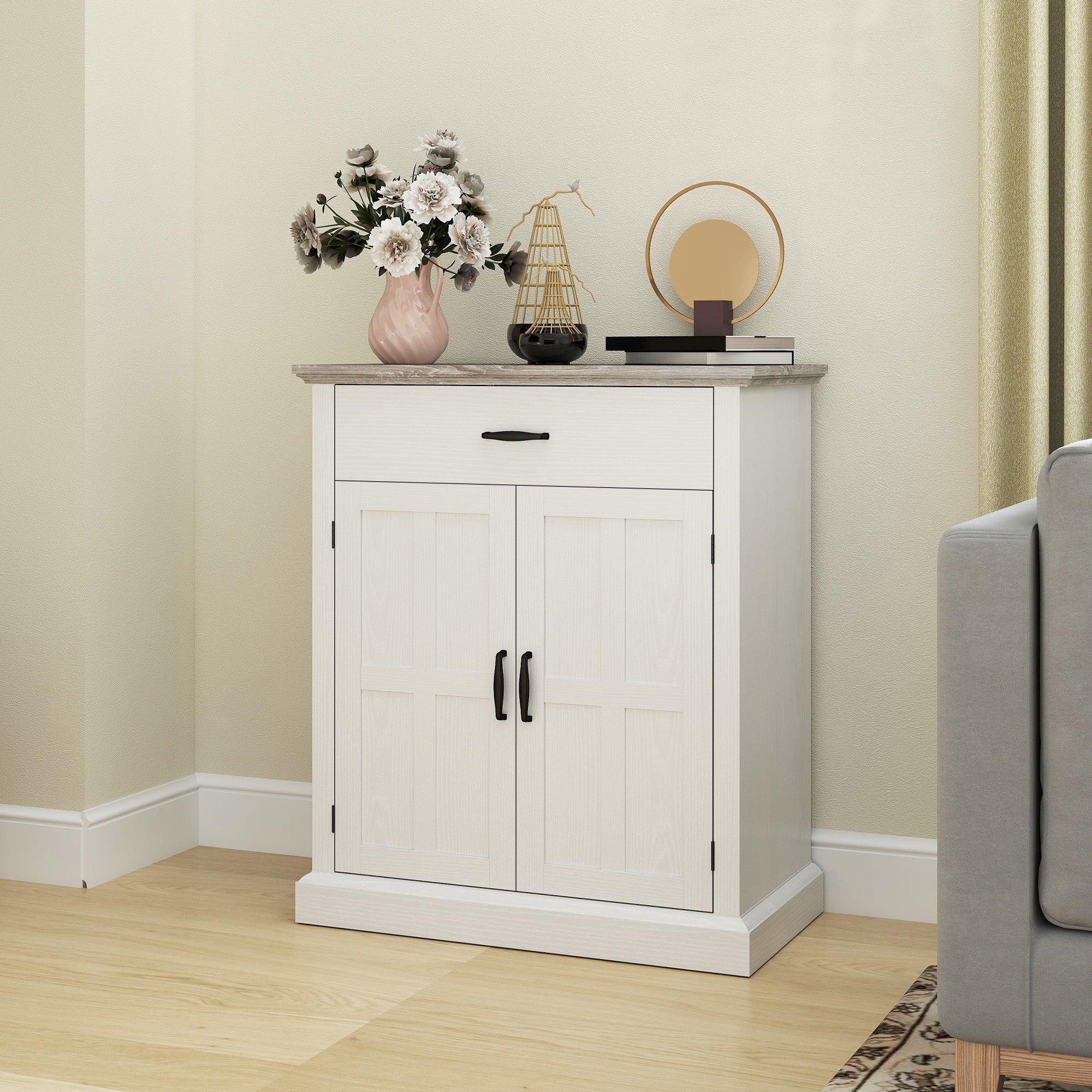 Modern Style Living Room Buffet Storage Cabinet with 2 Doors, Drawer, and Adjustable Shelf - Dining and Living Room Buffet, 75.2 x 40 x 91.5 cm, White