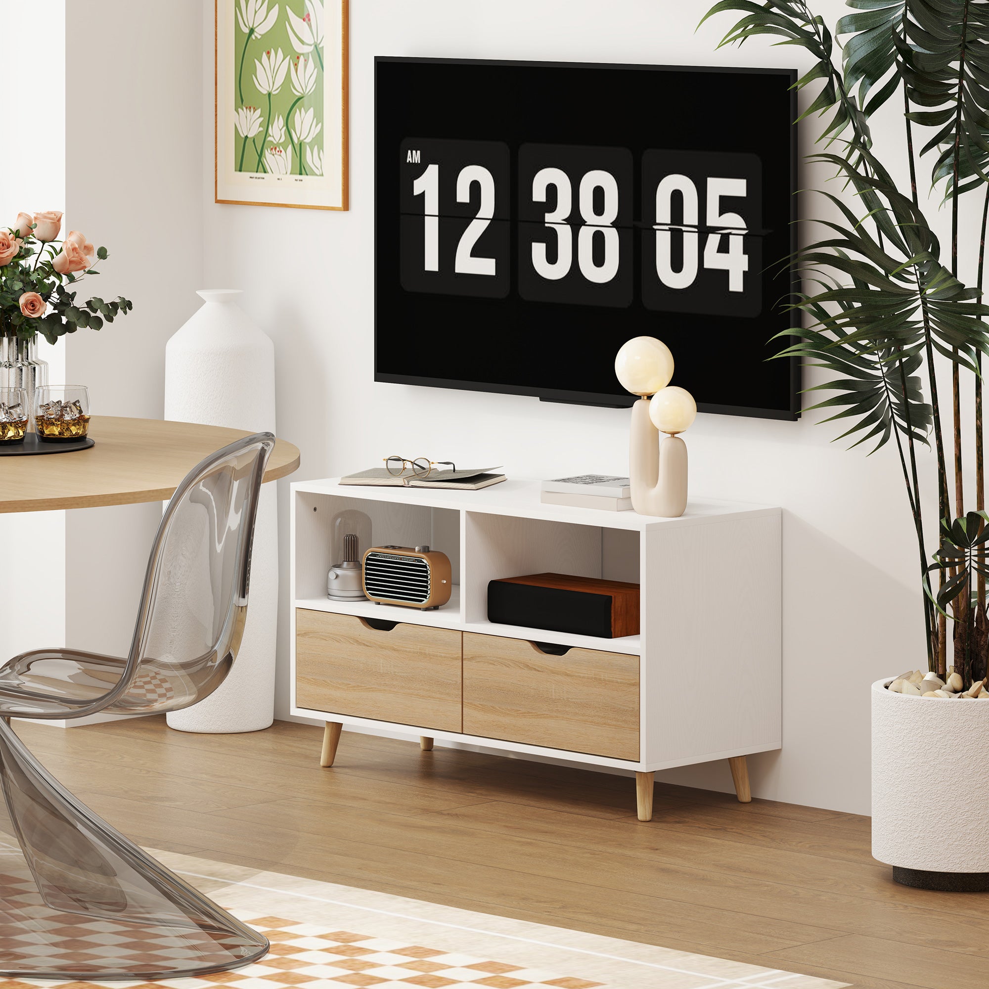 TV Cabinet Lowboard with 2 Shelves, Drawer, 99 cm long TV Stand for Television, TV Unit for Living Room, White, 99 x 39 x 58.3 cm