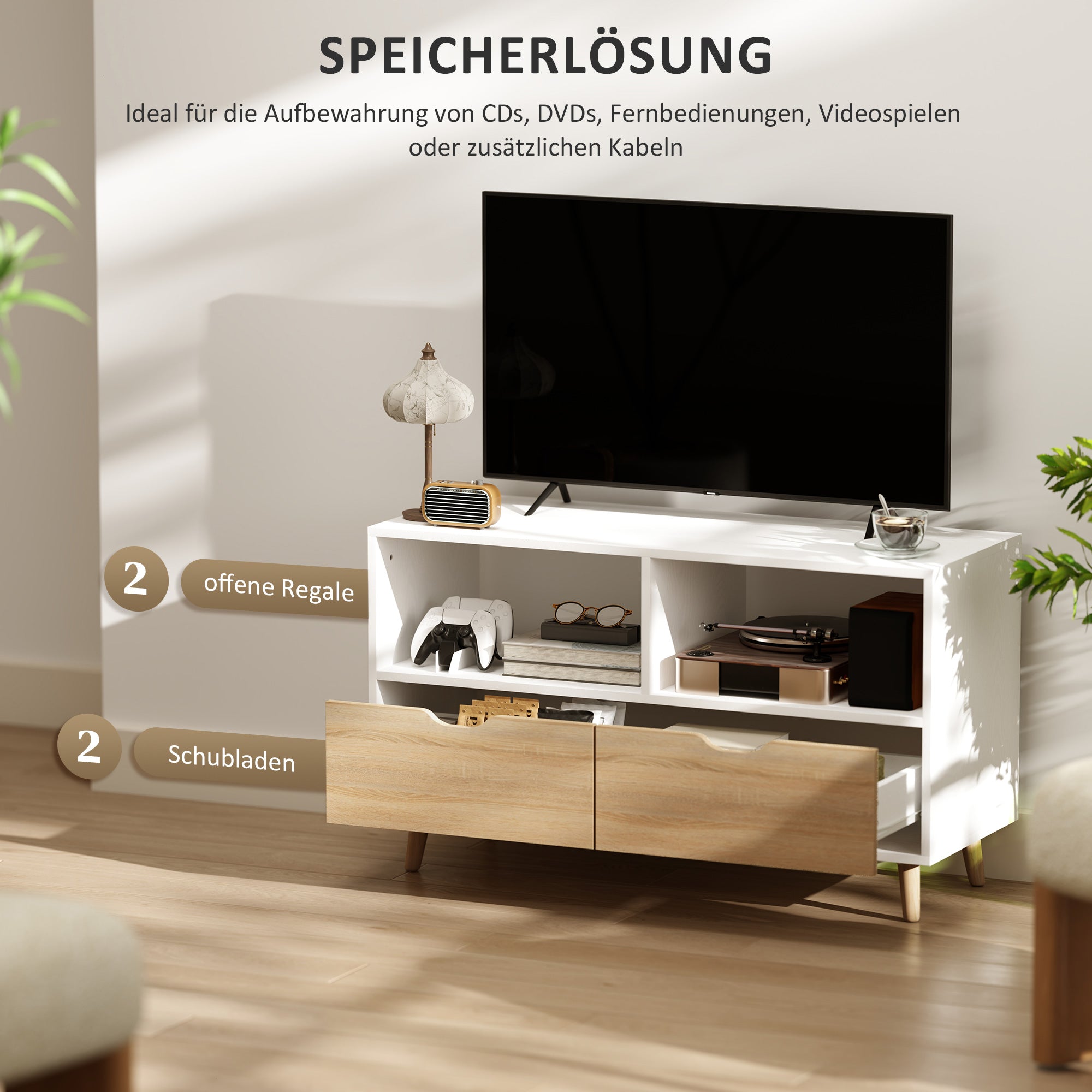 TV Cabinet Lowboard with 2 Shelves, Drawer, 99 cm long TV Stand for Television, TV Unit for Living Room, White, 99 x 39 x 58.3 cm